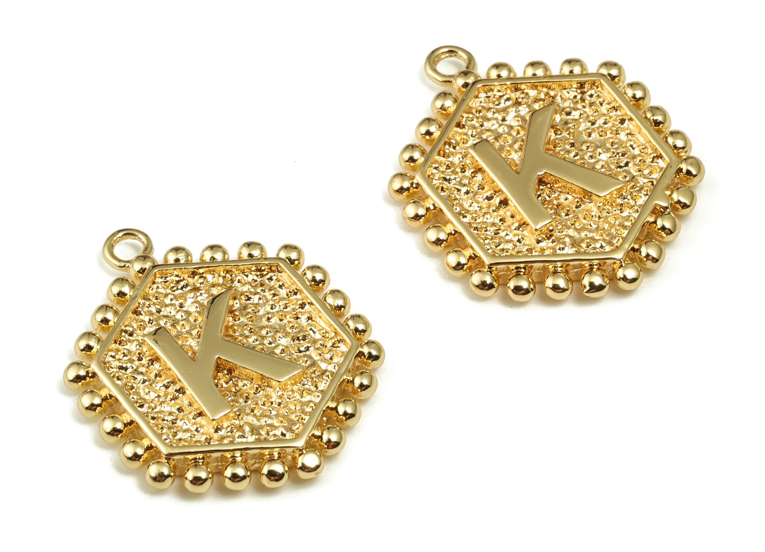 Brass Hexagon Letter K Charms - Alphabet Pendant Charm - 18K Shiny Gold Plated Initial Charm - Jewelry Supplies -19.49x15.8x2.6mm- RGP3775K - DOMEDBAZAAR