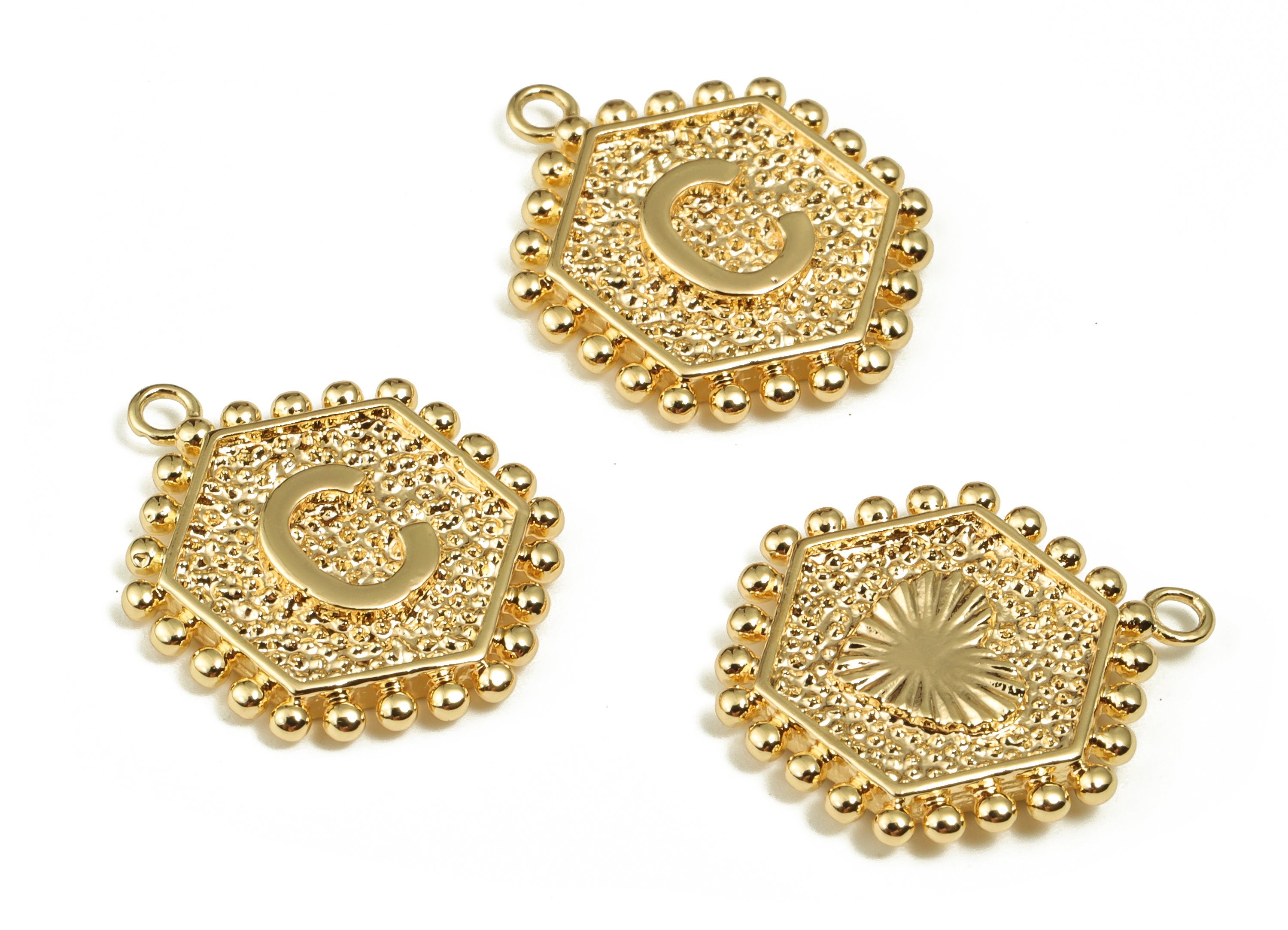 Brass Hexagon Letter C Charms - Alphabet Pendant Charm - 18K Shiny Gold Plated Initial Charm - Jewelry Supplies -19.42x15.9x2.4mm- RGP3775C - DOMEDBAZAAR