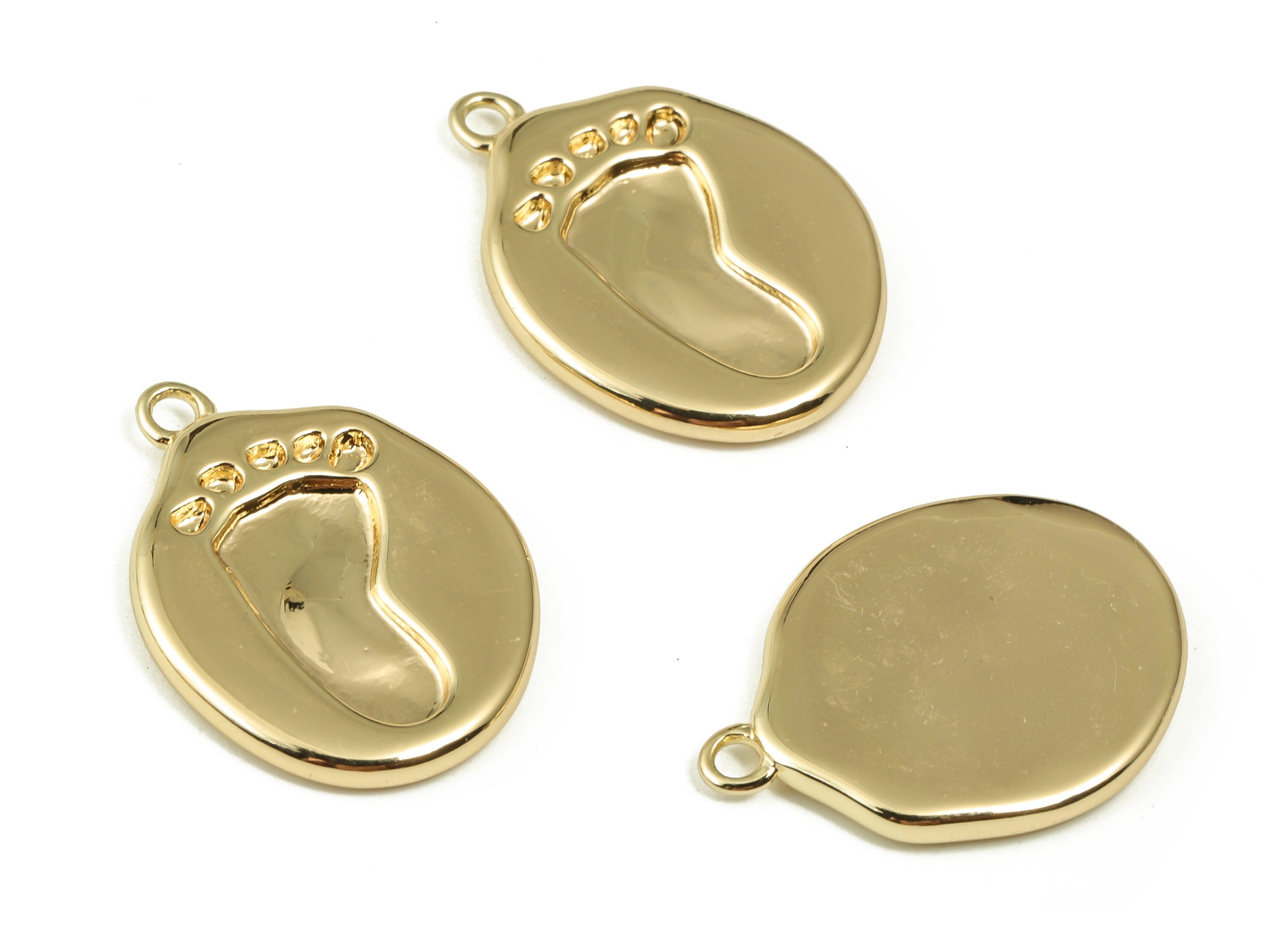 Brass Round Earring Charms - Gold Footprint Pendant - 18K Real Gold Plated Brass - Jewelry Making Supplies - 18.39x13.96x1.87mm - RGP3978 - DOMEDBAZAAR