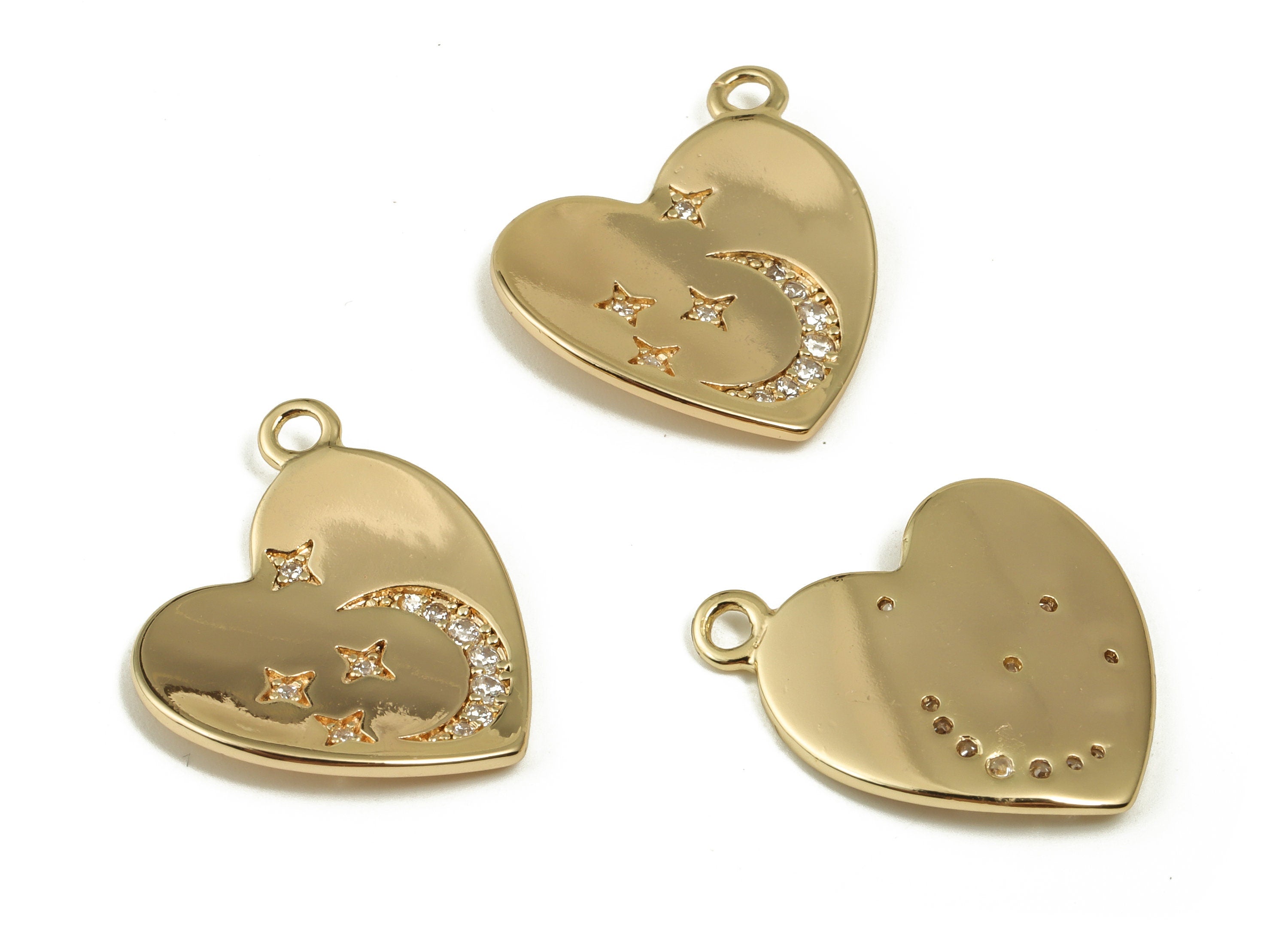 Brass Heart Earring Charms With Zircons - Gold Star Moon Pendant - 18K Real Gold Plated Brass -  Jewelry Supplies - 17.49x17x1.3mm - RGP3640 - DOMEDBAZAAR