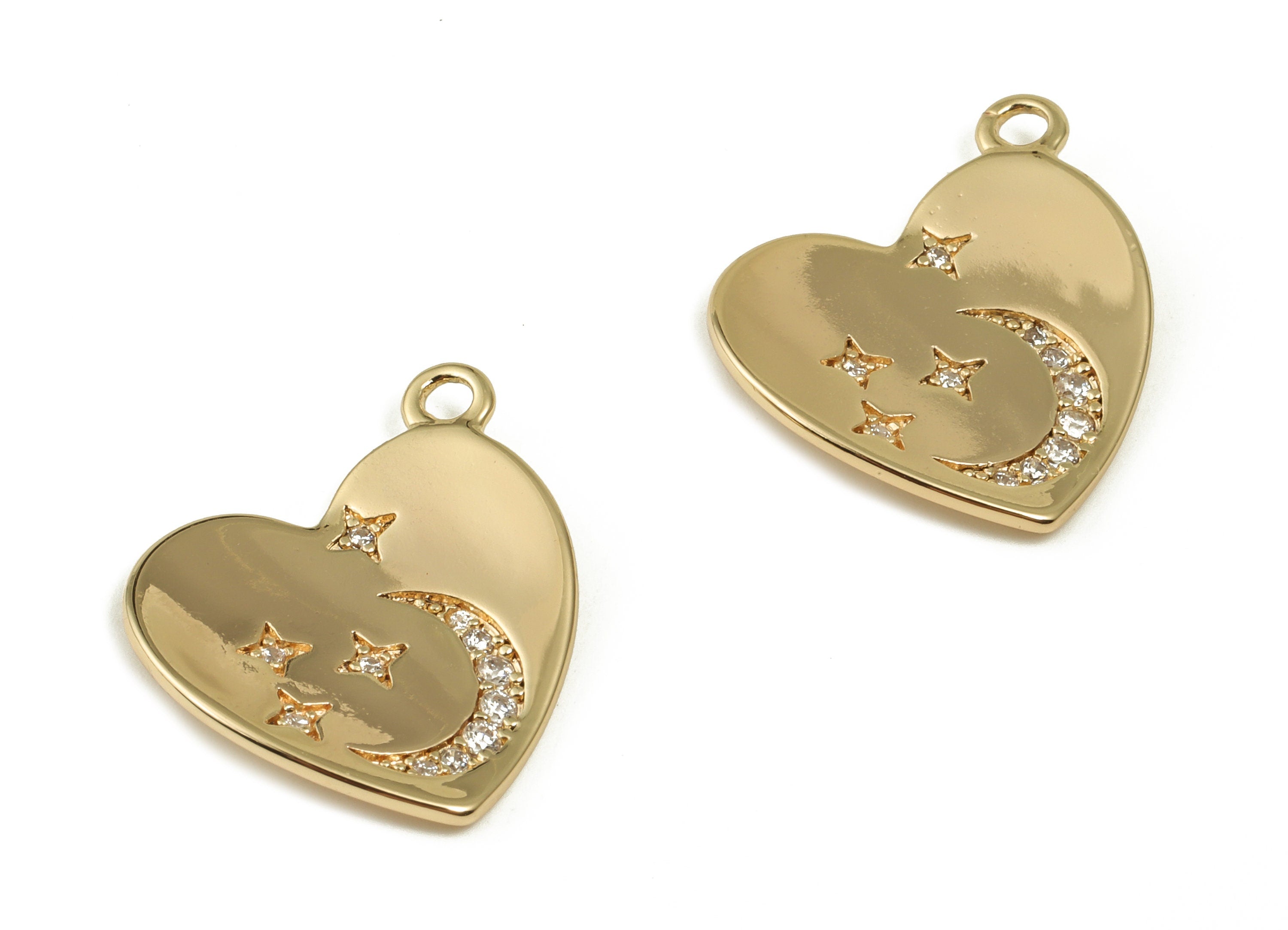 Brass Heart Earring Charms With Zircons - Gold Star Moon Pendant - 18K Real Gold Plated Brass -  Jewelry Supplies - 17.49x17x1.3mm - RGP3640 - DOMEDBAZAAR