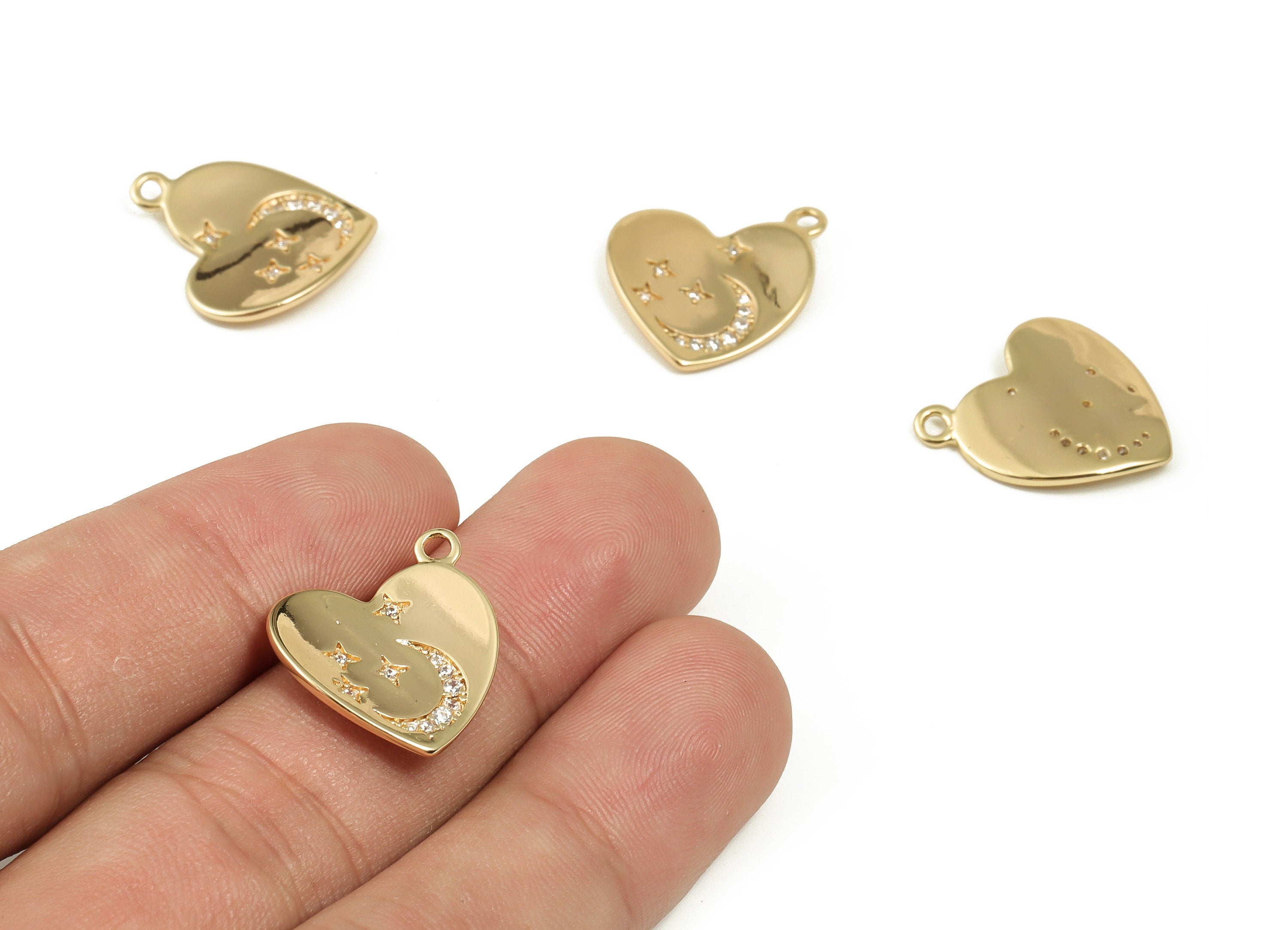 Brass Heart Earring Charms With Zircons - Gold Star Moon Pendant - 18K Real Gold Plated Brass -  Jewelry Supplies - 17.49x17x1.3mm - RGP3640 - DOMEDBAZAAR