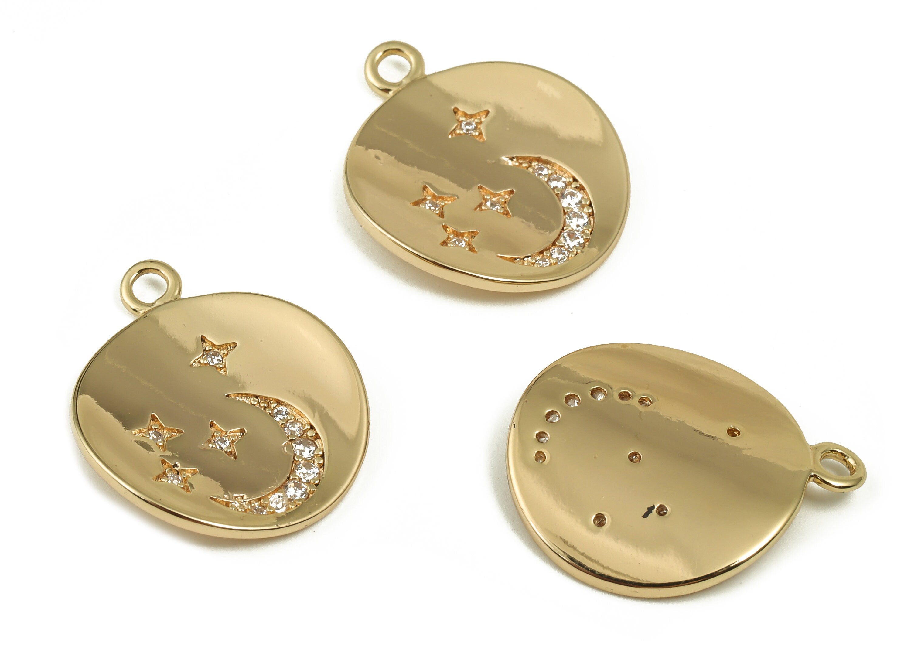 Brass Round Earring Charms With Zircons - Gold Star Moon Pendant - 18K Real Gold Plated Brass -  Jewelry Supplies - 20.79x17x1.3mm - RGP4005 - DOMEDBAZAAR