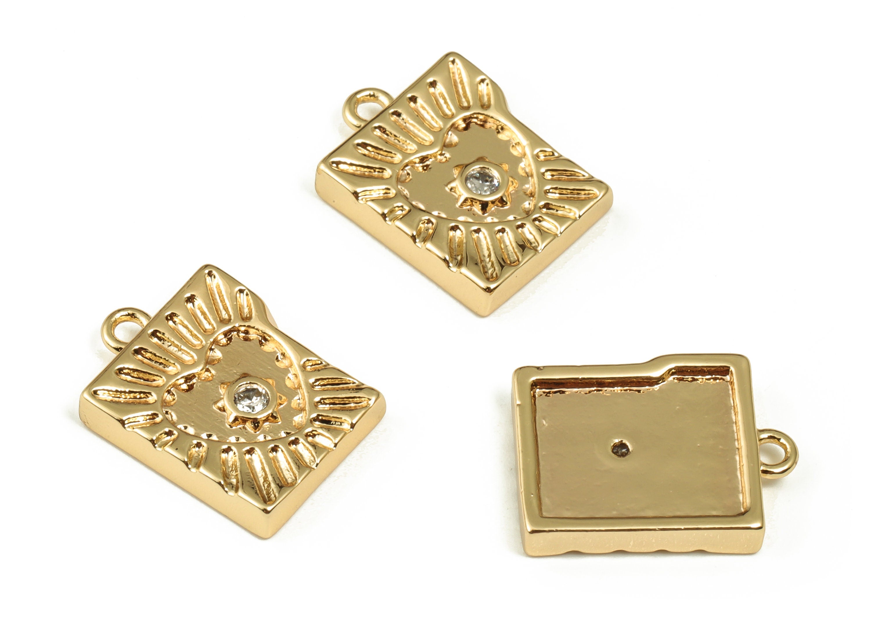 Brass Square Earring Charms With Zircons - Gold Heart Pendant - 18K Real Gold Plated Brass - Jewelry Supplies - 15.23x11.64x2.51mm - RGP3972 - DOMEDBAZAAR