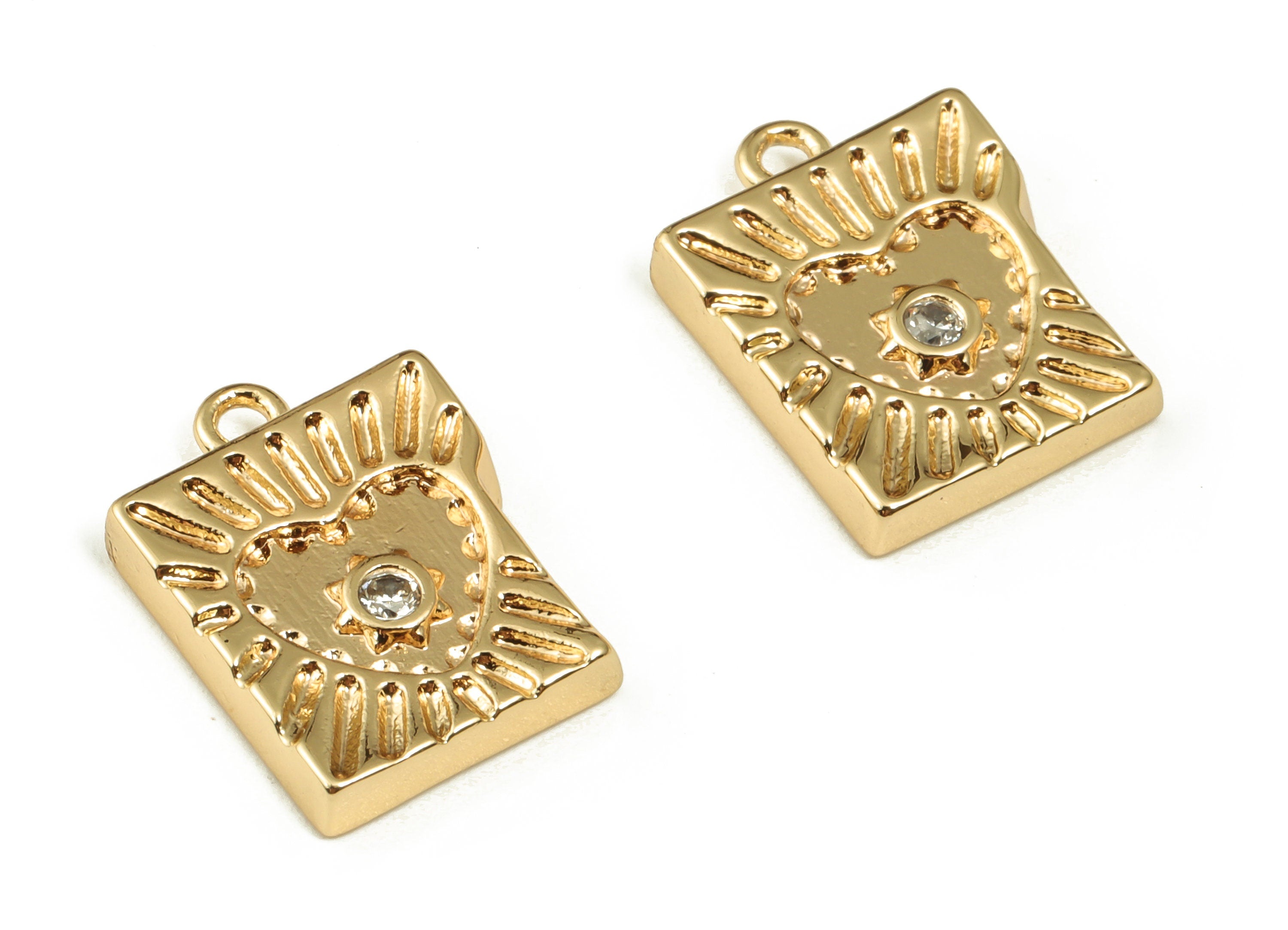 Brass Square Earring Charms With Zircons - Gold Heart Pendant - 18K Real Gold Plated Brass - Jewelry Supplies - 15.23x11.64x2.51mm - RGP3972 - DOMEDBAZAAR