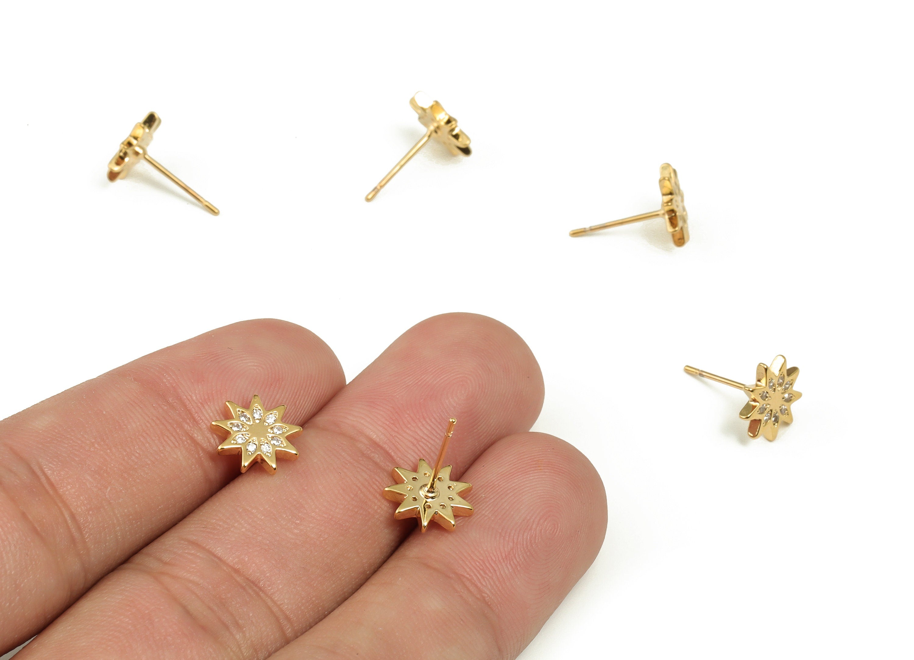 Brass Flower Earring Stud With Zircons - Gold Flower Post - Stainless Steel Stud - 18K Real Gold Plated Brass – 9.27x9.22x1.36mm - RGP3657 - DOMEDBAZAAR