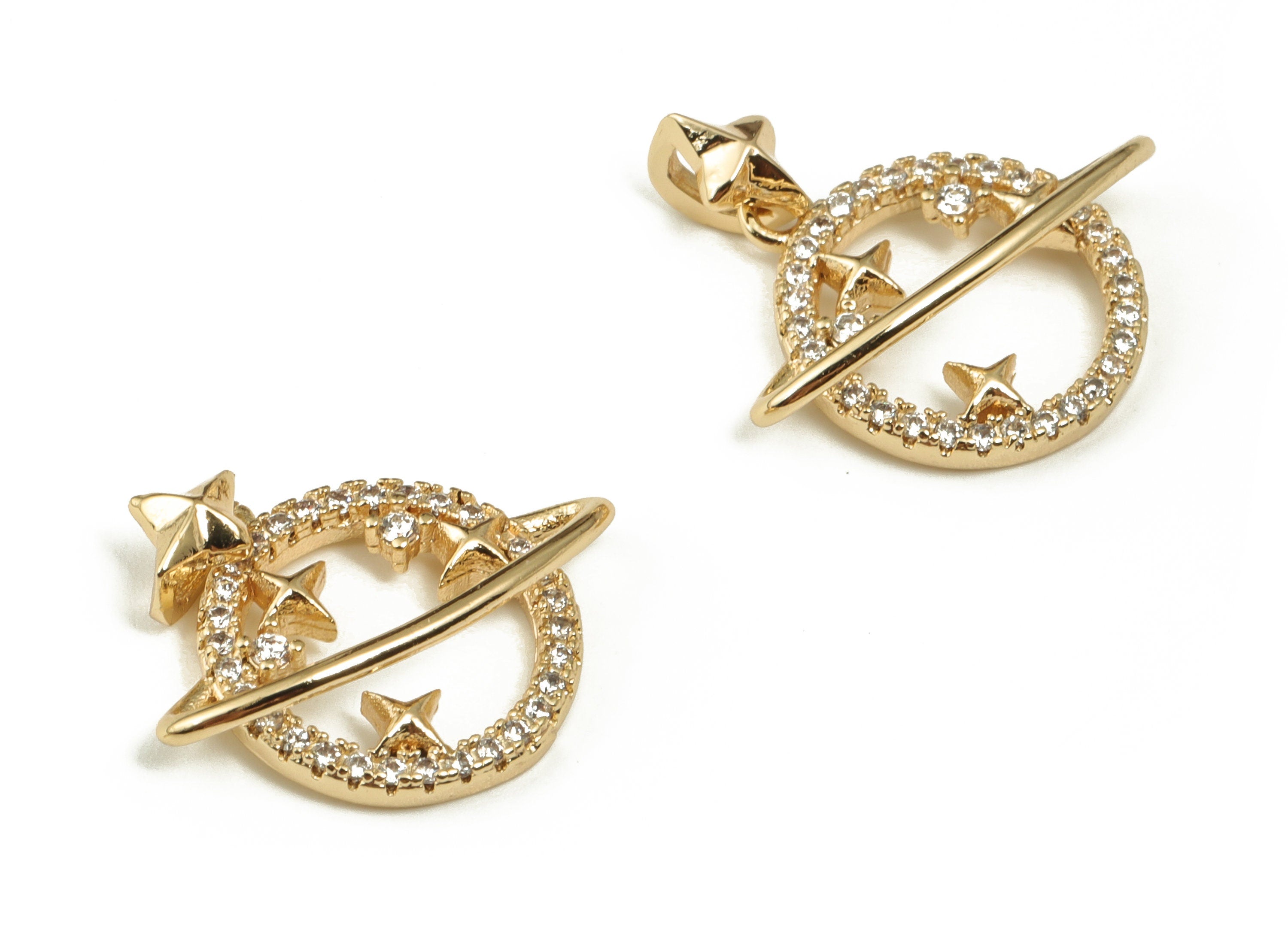 Brass Saturn Earring Charm - CZ Paved Gold Saturn Charms - 18K