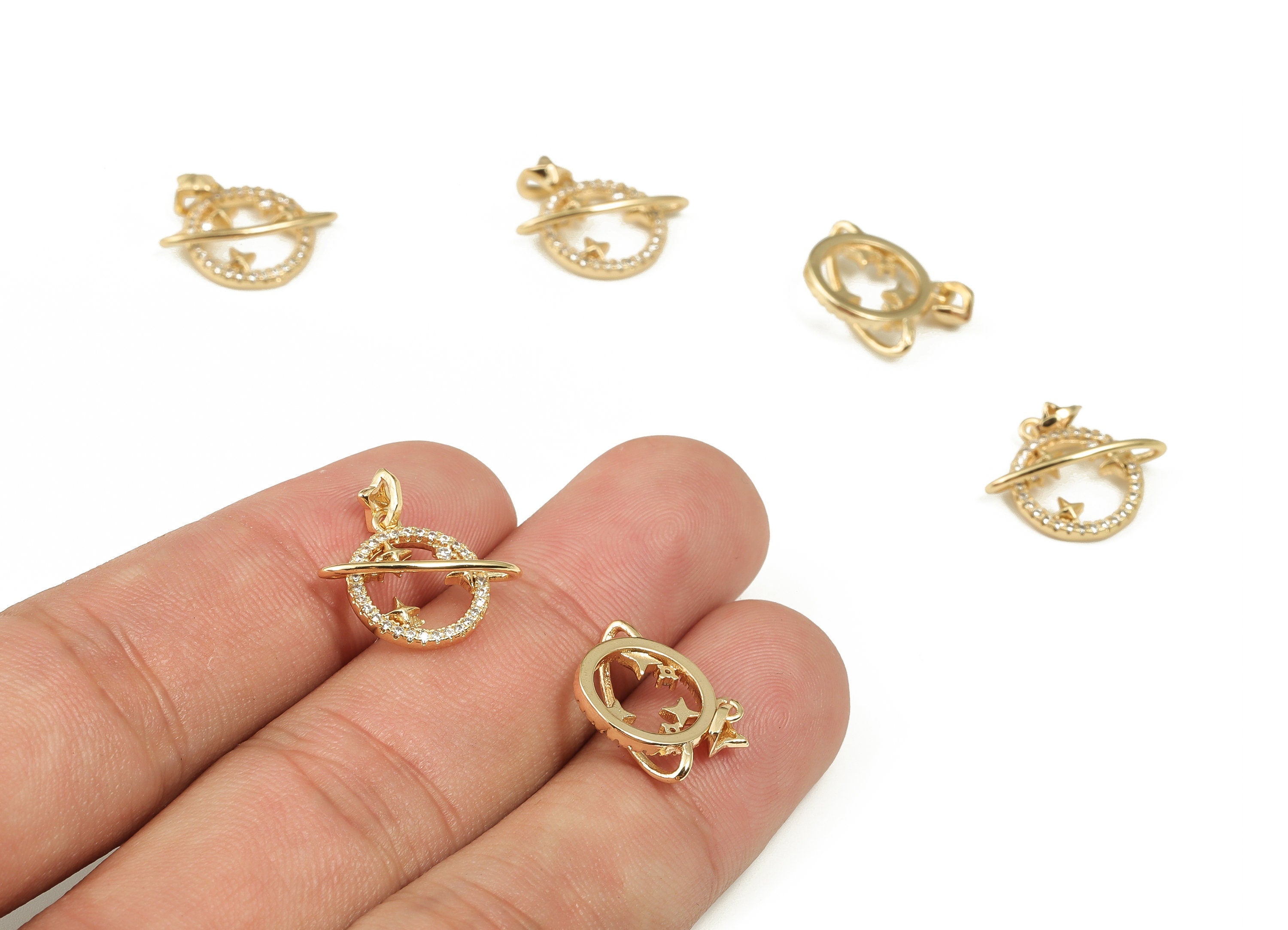 Brass Saturn Earring Charm - CZ Paved Gold Saturn Charms - 18K Real Gold Plated Brass - Jewelry Making Supplies -16.66x13.77x3.97mm- RGP3649 - DOMEDBAZAAR