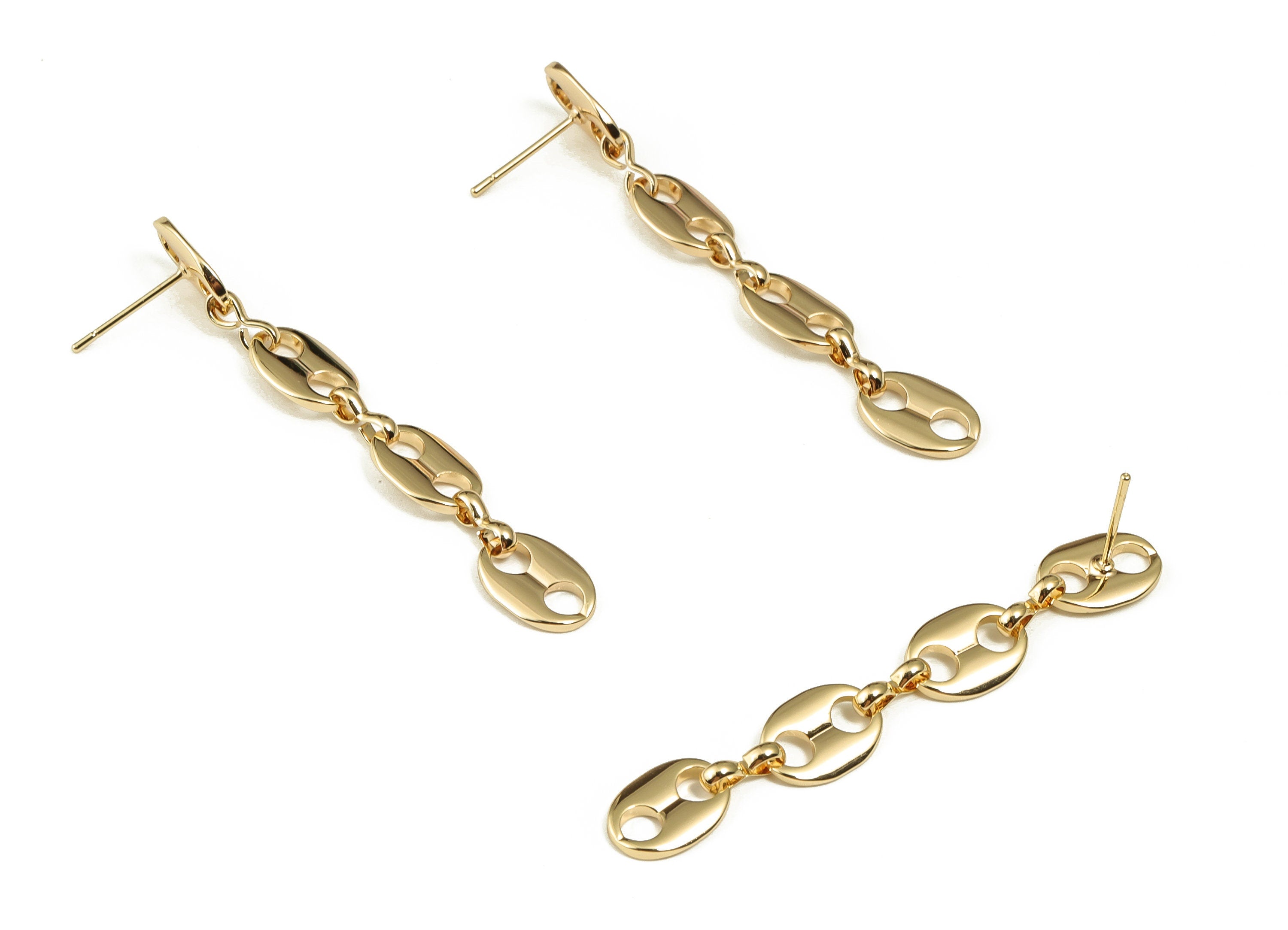 Brass Dangle Chain Earring Post - Gold 4 Ovals Stud - 18K Real Gold Plated Brass Stud - Jewelry Making Supplies -58.25x8.06x1.44mm- RGP3652 - DOMEDBAZAAR
