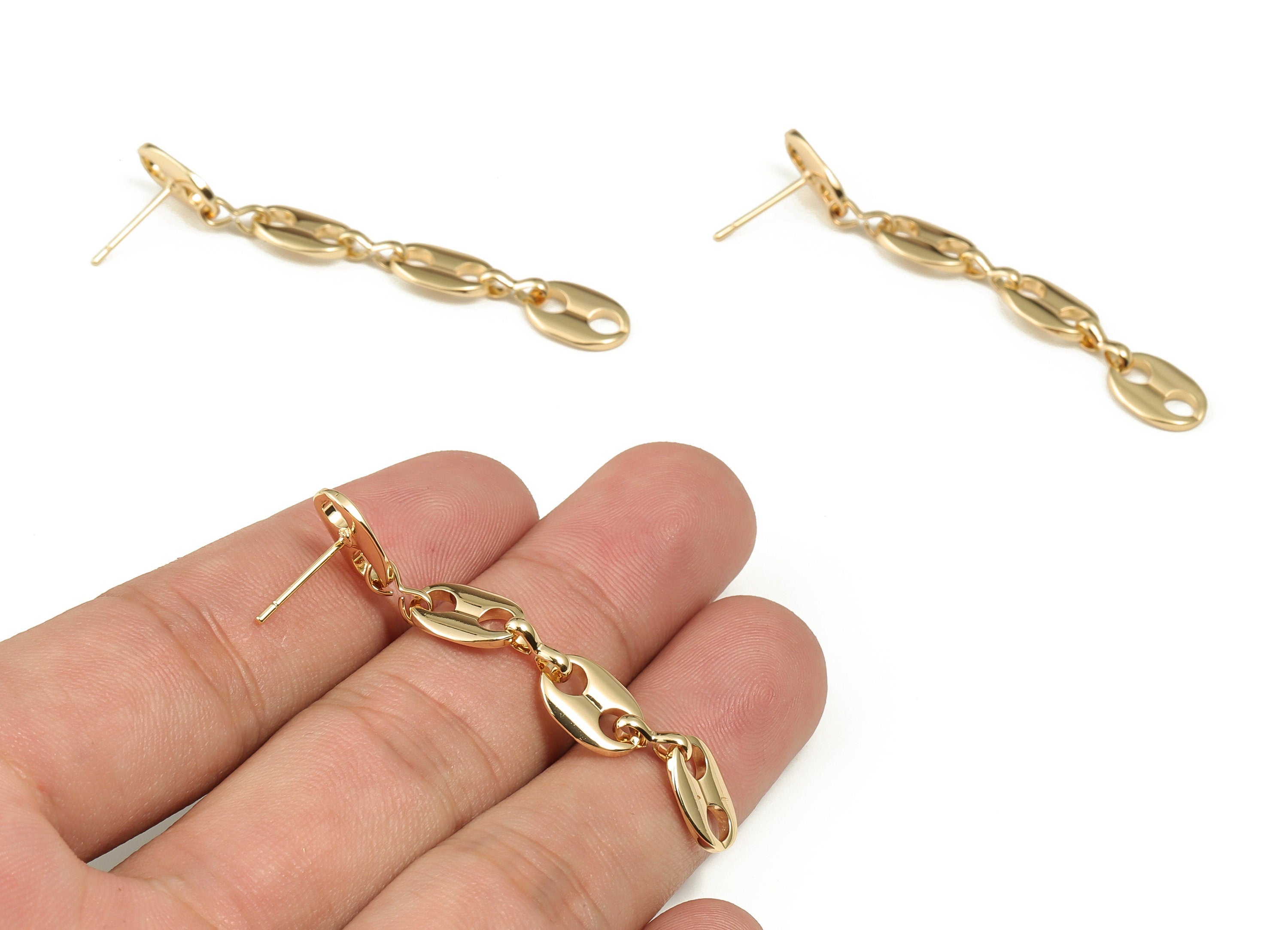 Brass Dangle Chain Earring Post - Gold 4 Ovals Stud - 18K Real Gold Plated Brass Stud - Jewelry Making Supplies -58.25x8.06x1.44mm- RGP3652 - DOMEDBAZAAR