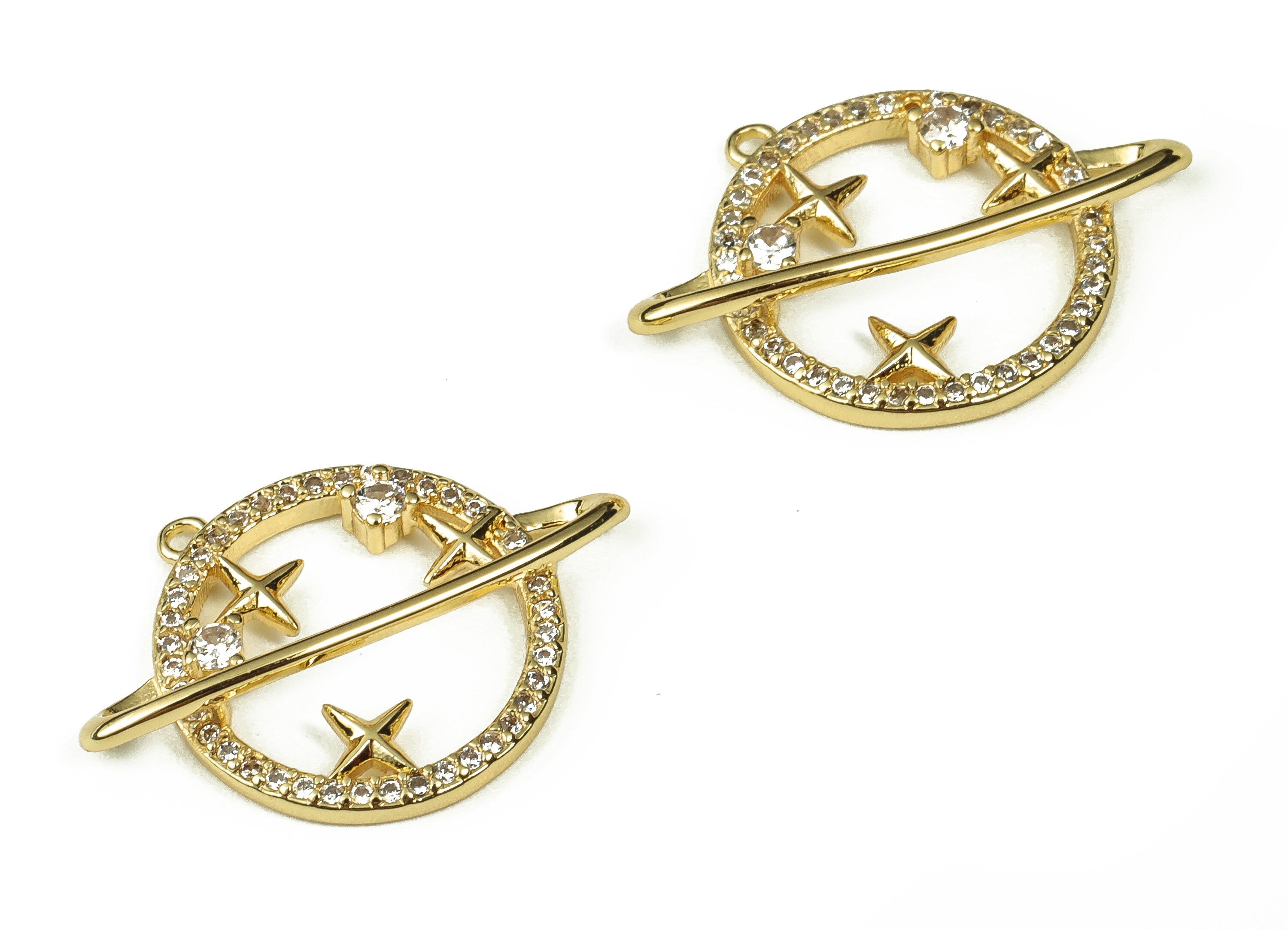 Brass Saturn Pendant - Dainty Space Charm – Zircon Planet Charm - 18K Real Gold Plated Brass - Jewelry Supplies -24.01x17.08x3.65mm- RGP3356 - DOMEDBAZAAR