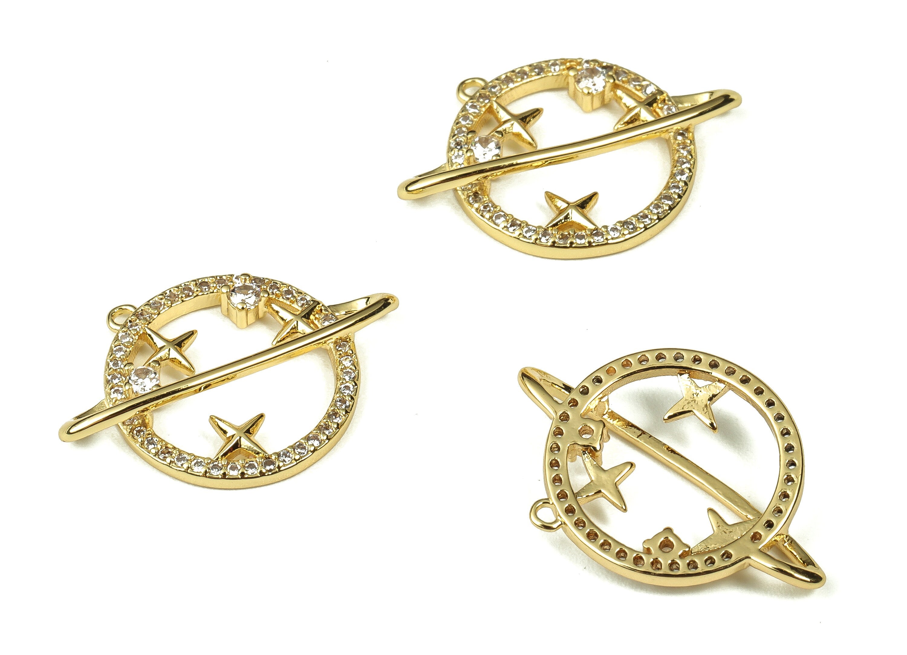 Brass Saturn Pendant - Dainty Space Charm – Zircon Planet Charm - 18K Real Gold Plated Brass - Jewelry Supplies -24.01x17.08x3.65mm- RGP3356 - DOMEDBAZAAR