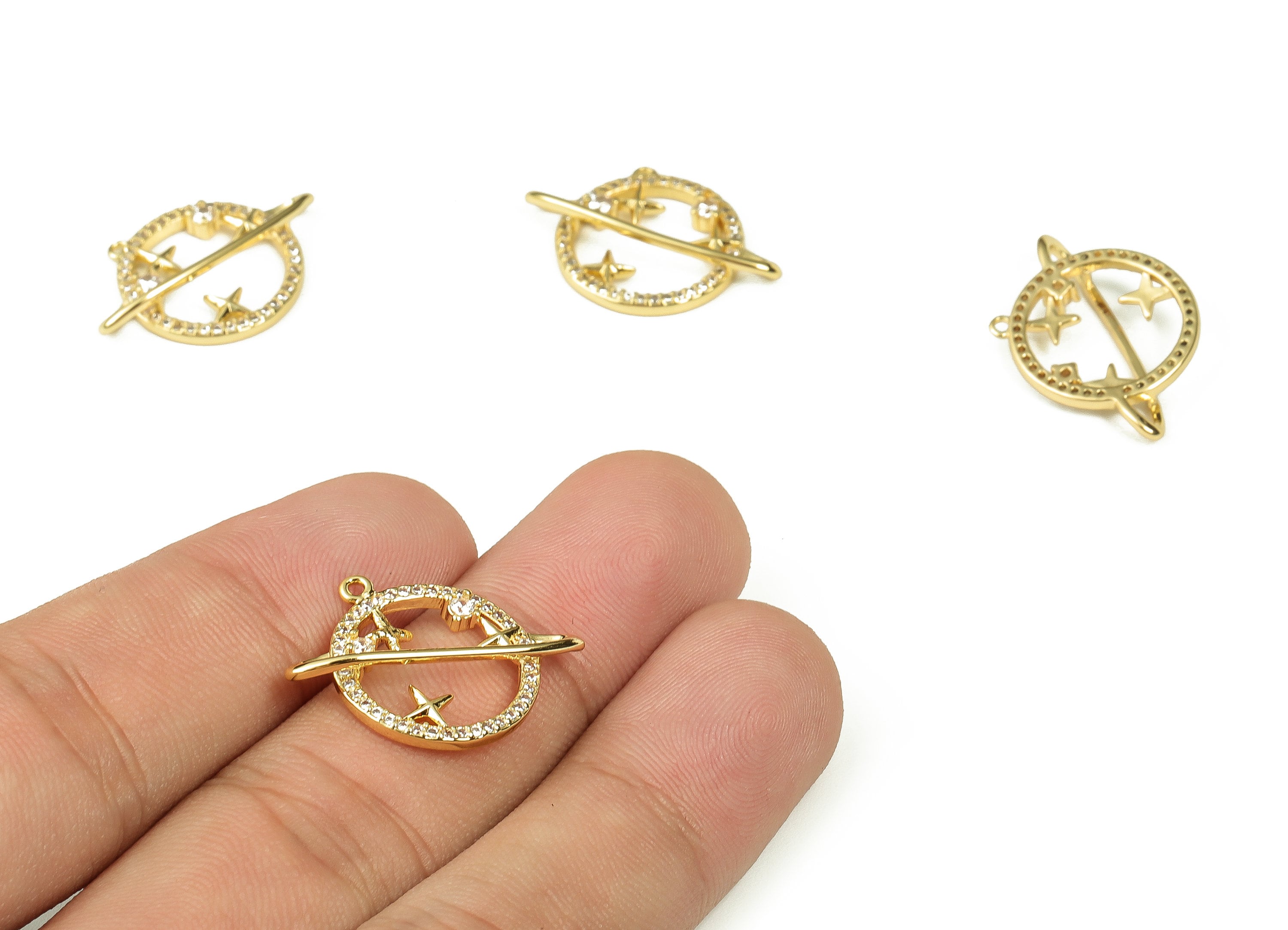 Brass Saturn Pendant - Dainty Space Charm – Zircon Planet Charm - 18K Real Gold Plated Brass - Jewelry Supplies -24.01x17.08x3.65mm- RGP3356 - DOMEDBAZAAR