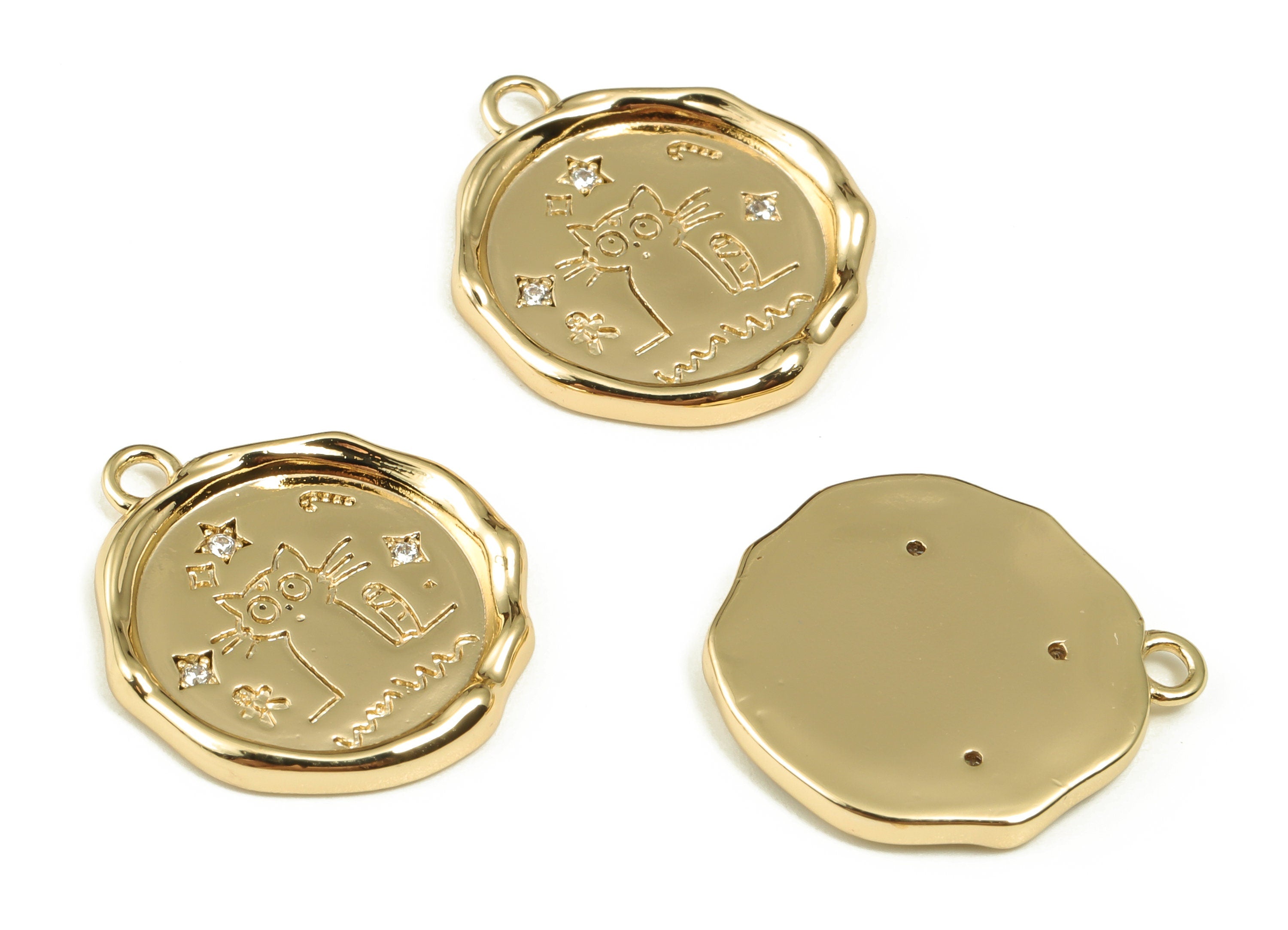 Brass Round Earring Charms With Zircons - Gold Cat Pendant - 18K Real Gold Plated Brass - Jewelry Making Supplies - 17.37x15.1x2mm - RGP3984 - DOMEDBAZAAR