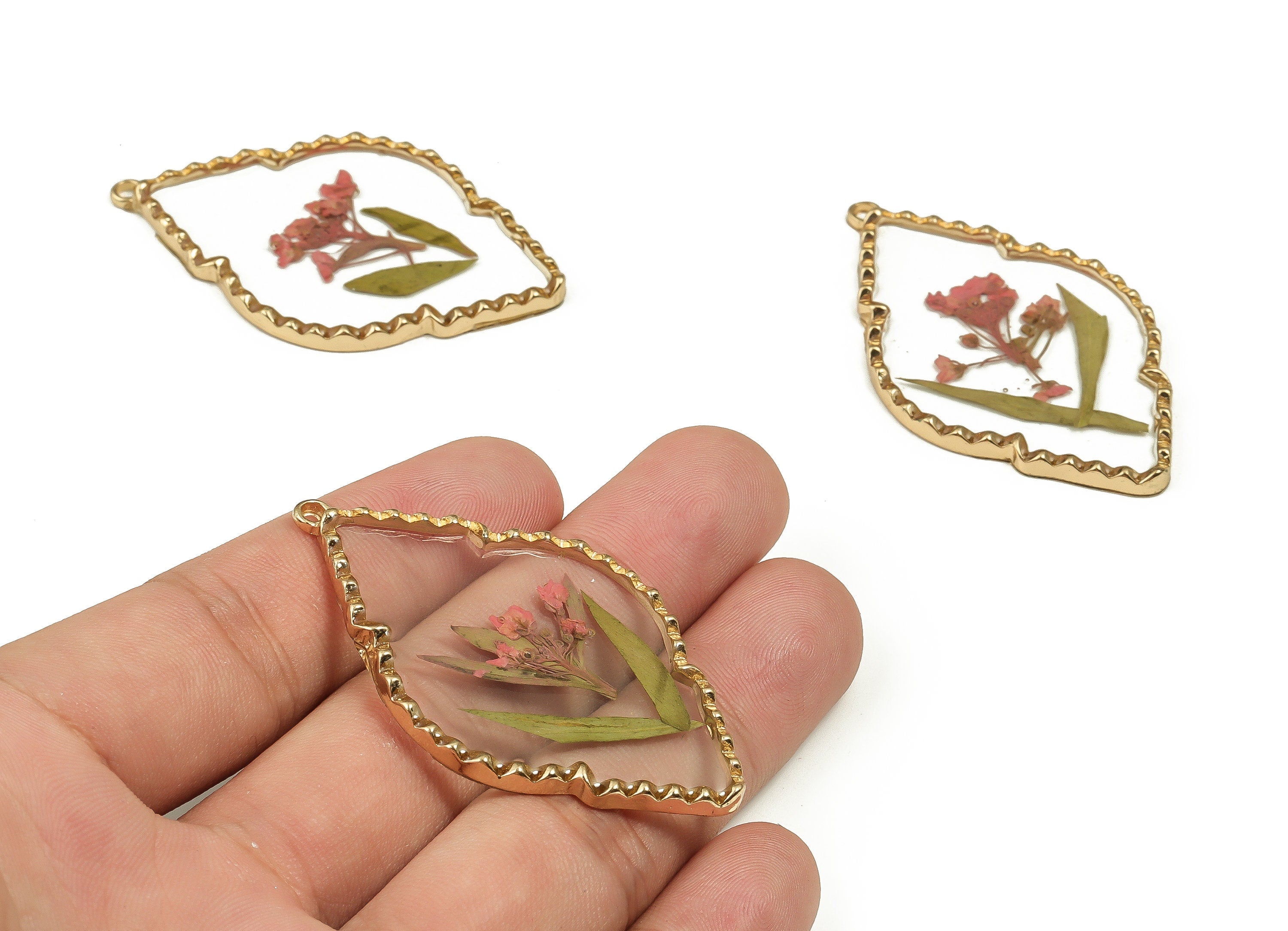 Epoxy Resin Diamond Real Flower Earring Charms - Epoxy Resin Embossed Lace Pendant - Gold Tone Plated Alloy - 55.61x30.58x3.07mm - ZZ1891 - DOMEDBAZAAR