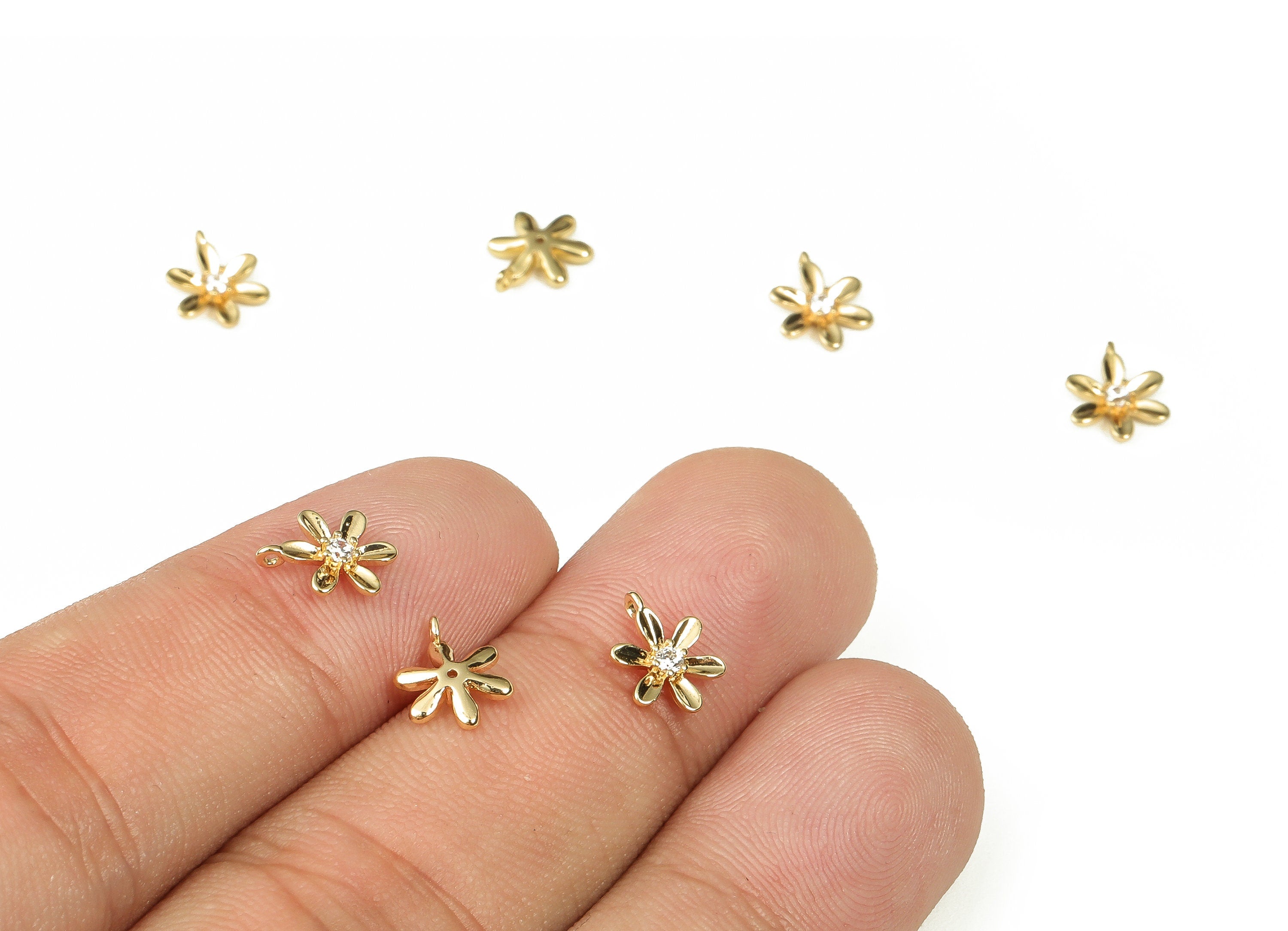 Brass Flower Earring Charms - Flower Pendant Charms with Zircon - 18k Gold Plated Brass - Jewelry Supplies -9.03x6.72x1.61mm- RGP3359 - DOMEDBAZAAR