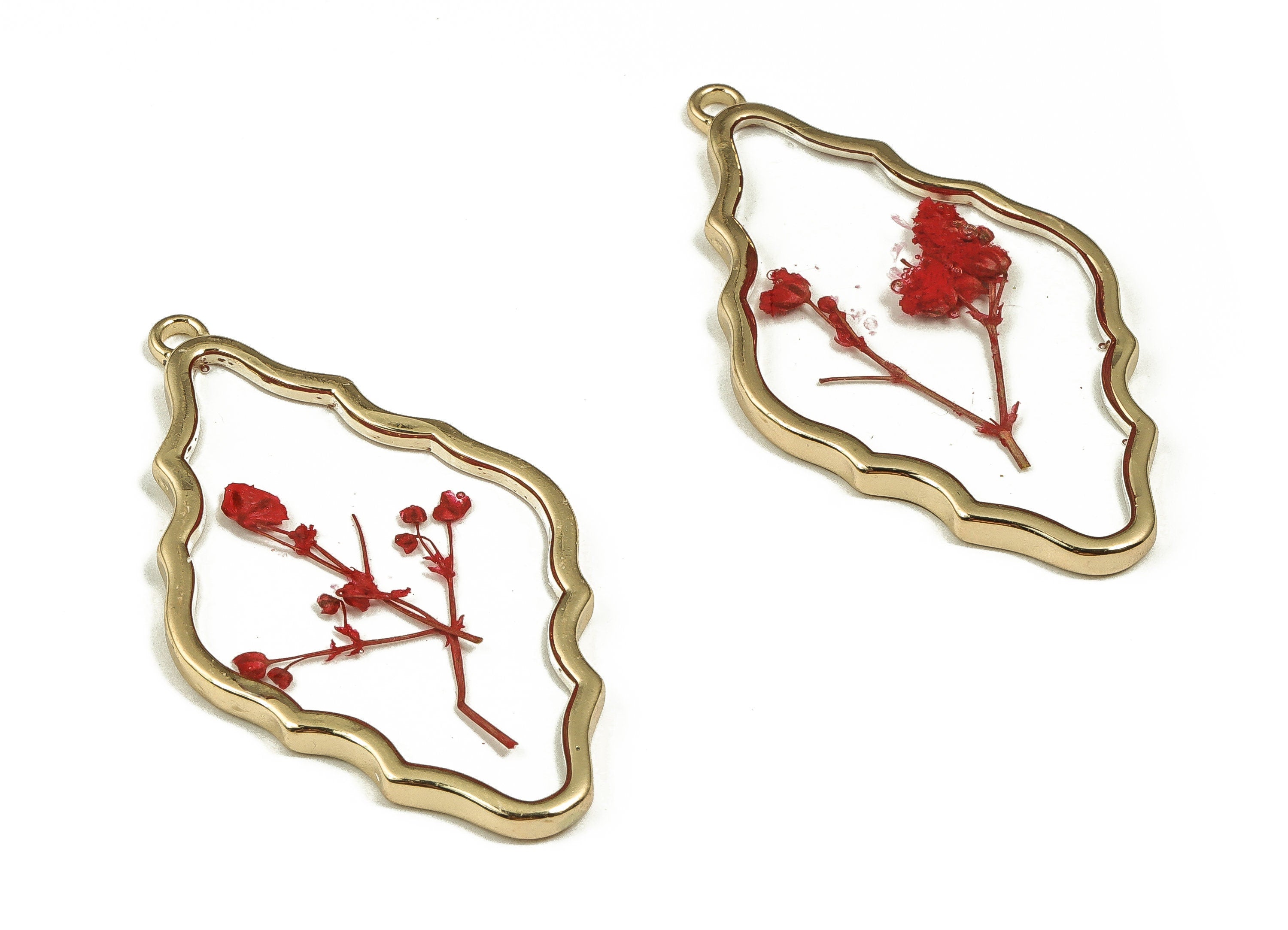Epoxy Resin Diamond Real Flower Earring Charms - Epoxy Resin Embossed Stars Pendant - Gold Tone Plated Alloy - 50.6x28.07x3.11mm - ZZ1853 - DOMEDBAZAAR