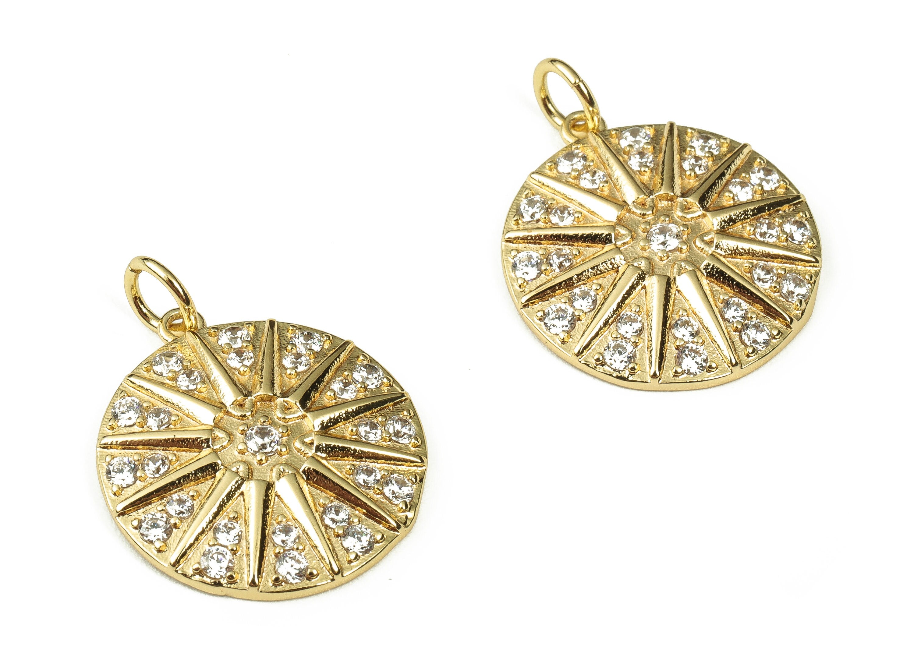 Brass Round Sun Charms with Zircon - Brass Zircon Round Charms - 18K Real Gold Plated Brass - Jewelry Supplies - 23.41x17.62x1.83mm- RGP3333 - DOMEDBAZAAR