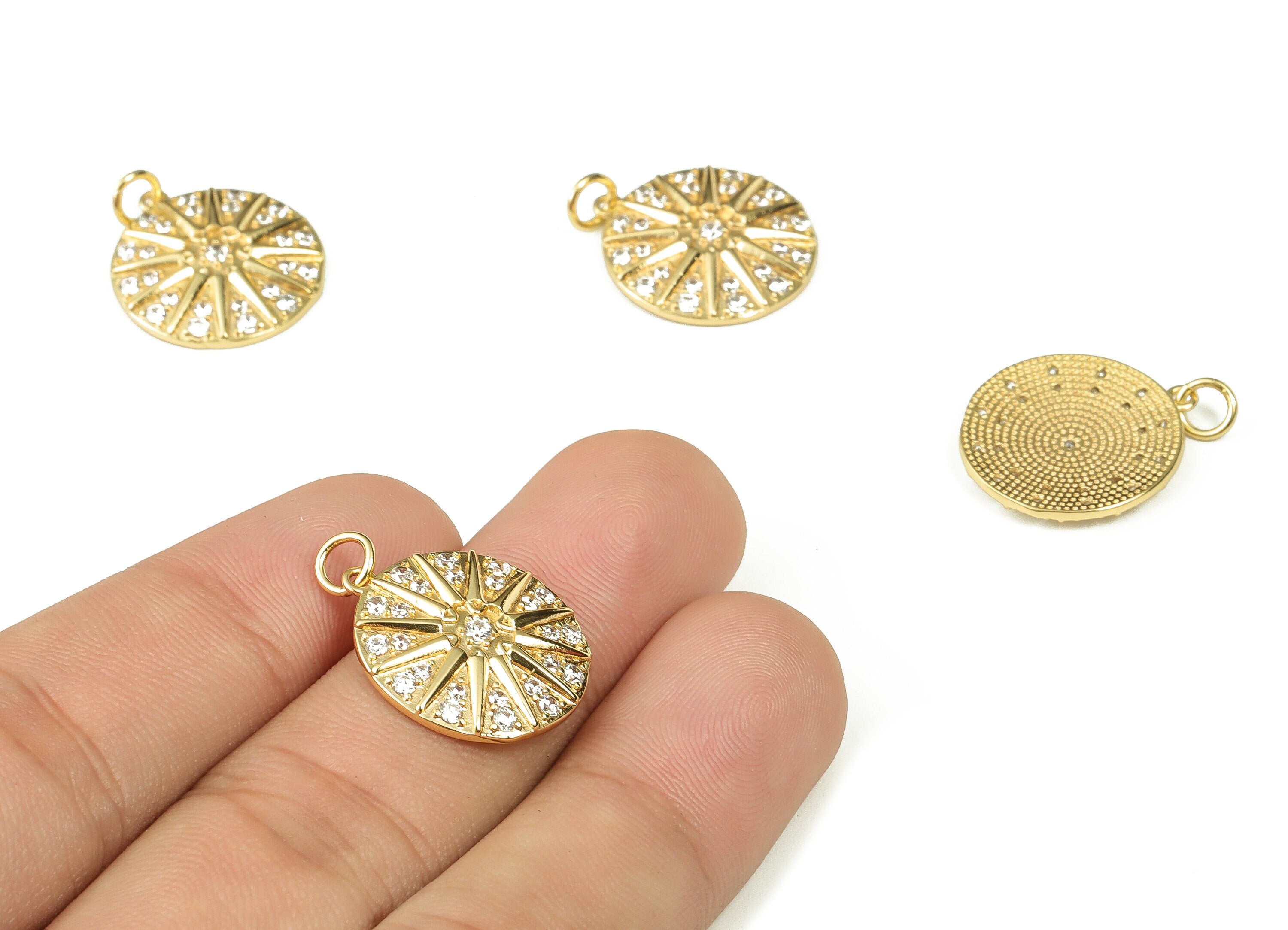 Brass Round Sun Charms with Zircon - Brass Zircon Round Charms - 18K Real Gold Plated Brass - Jewelry Supplies - 23.41x17.62x1.83mm- RGP3333 - DOMEDBAZAAR