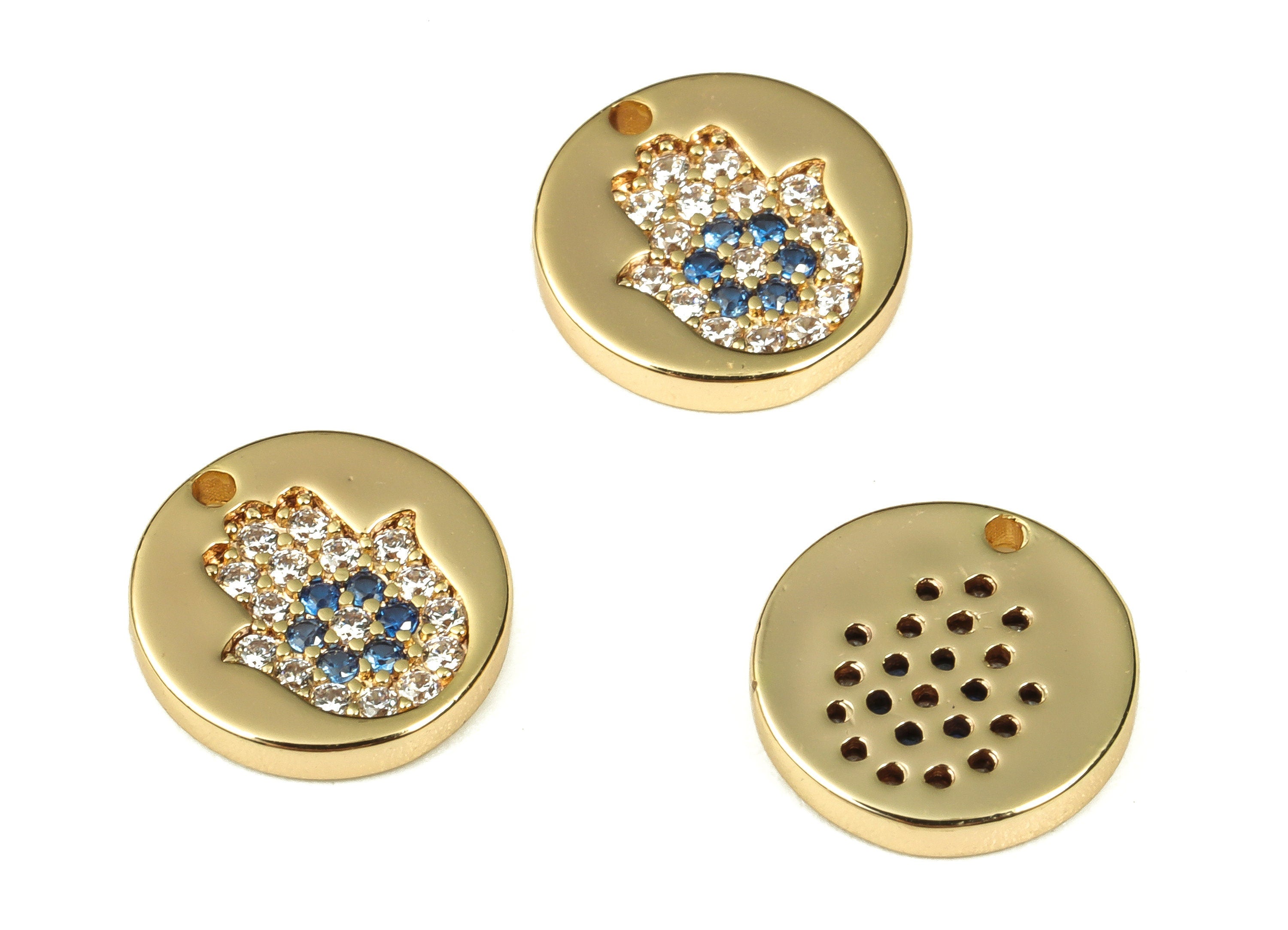Brass Round Hand Charms - Zircon Hand Pendant Charms - 18k Gold Plated Brass Charm- Jewelry Making Supplies -10.32x10.32x1.71mm- RGP3334 - DOMEDBAZAAR