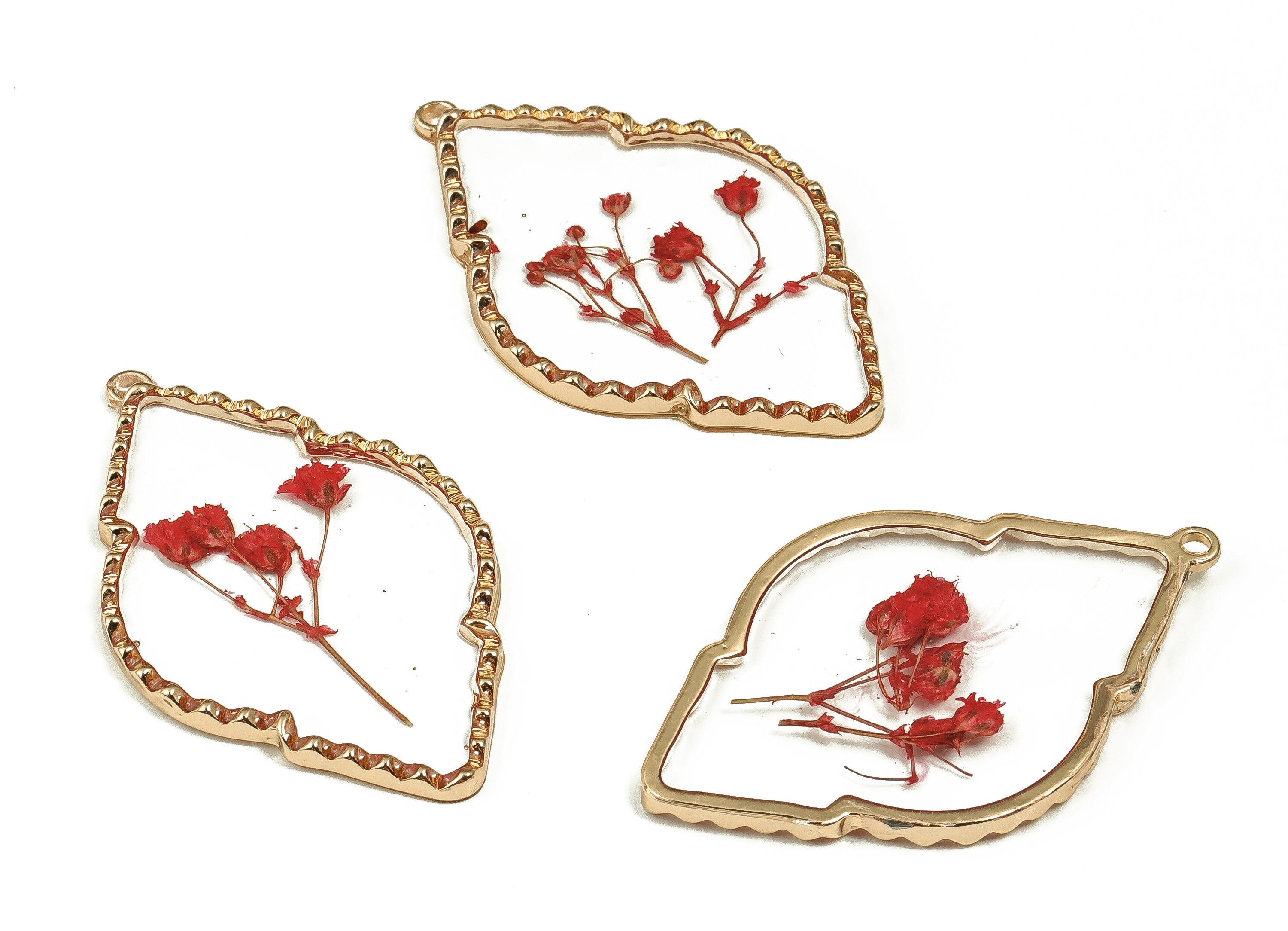 Epoxy Resin Diamond Real Flower Earring Charms - Epoxy Resin Babysbreath Pendant - Gold Tone Plated Alloy - 54.83x33.16x2.88mm - ZZ1889 - DOMEDBAZAAR