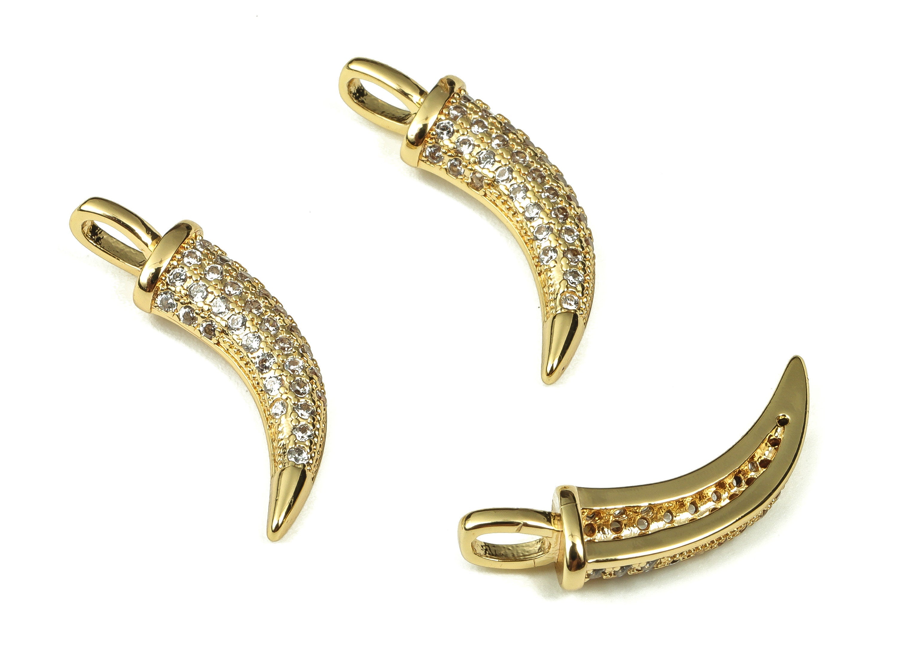 Brass Zircon Paved Ox Horn Charm - Brass Necklace Pendant - 18k Real Gold Plated Brass - Jewelry Making Supplies -24.18x6.33x2.88m- RGP3349 - DOMEDBAZAAR