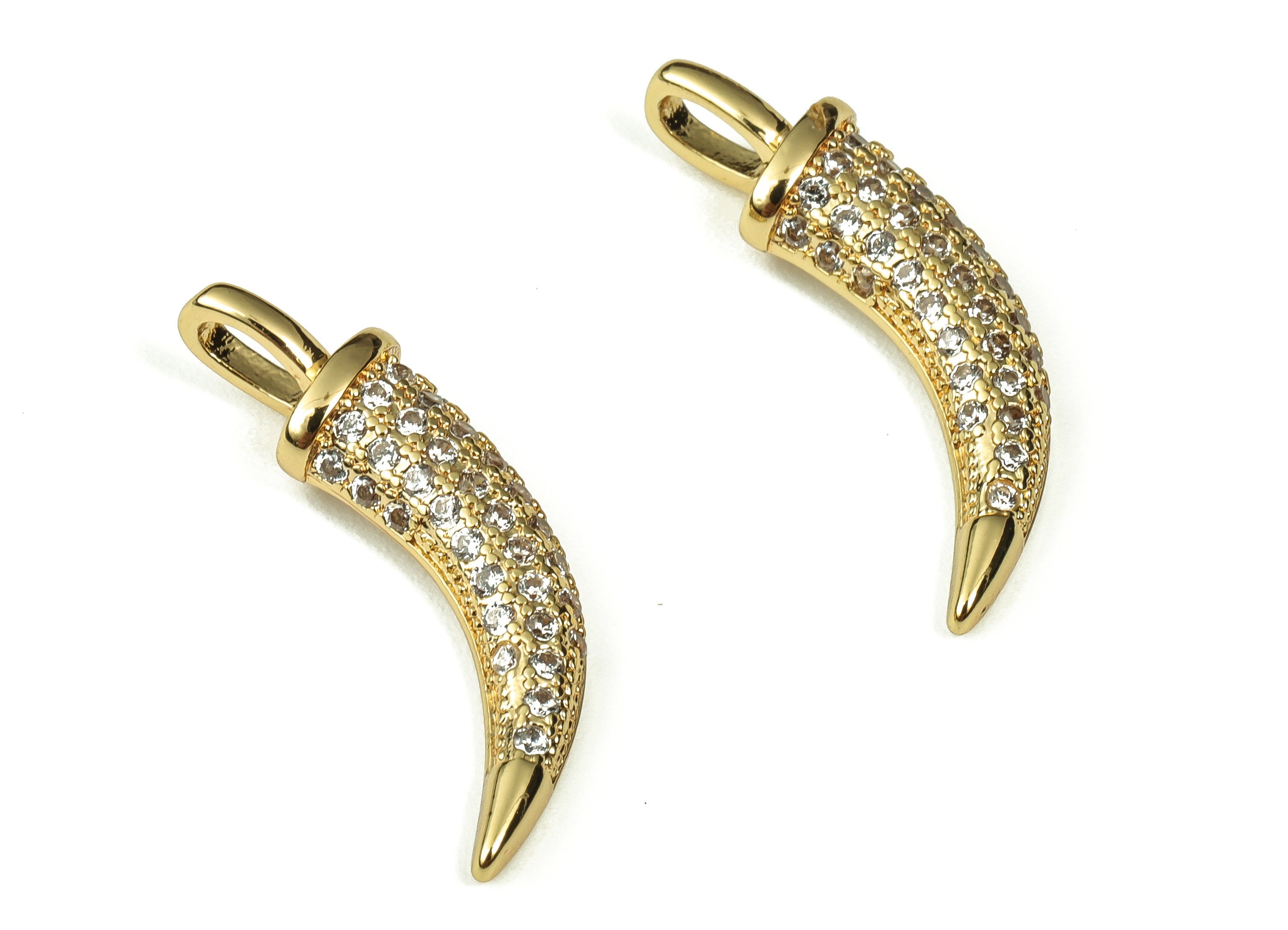 Brass Zircon Paved Ox Horn Charm - Brass Necklace Pendant - 18k Real Gold Plated Brass - Jewelry Making Supplies -24.18x6.33x2.88m- RGP3349 - DOMEDBAZAAR