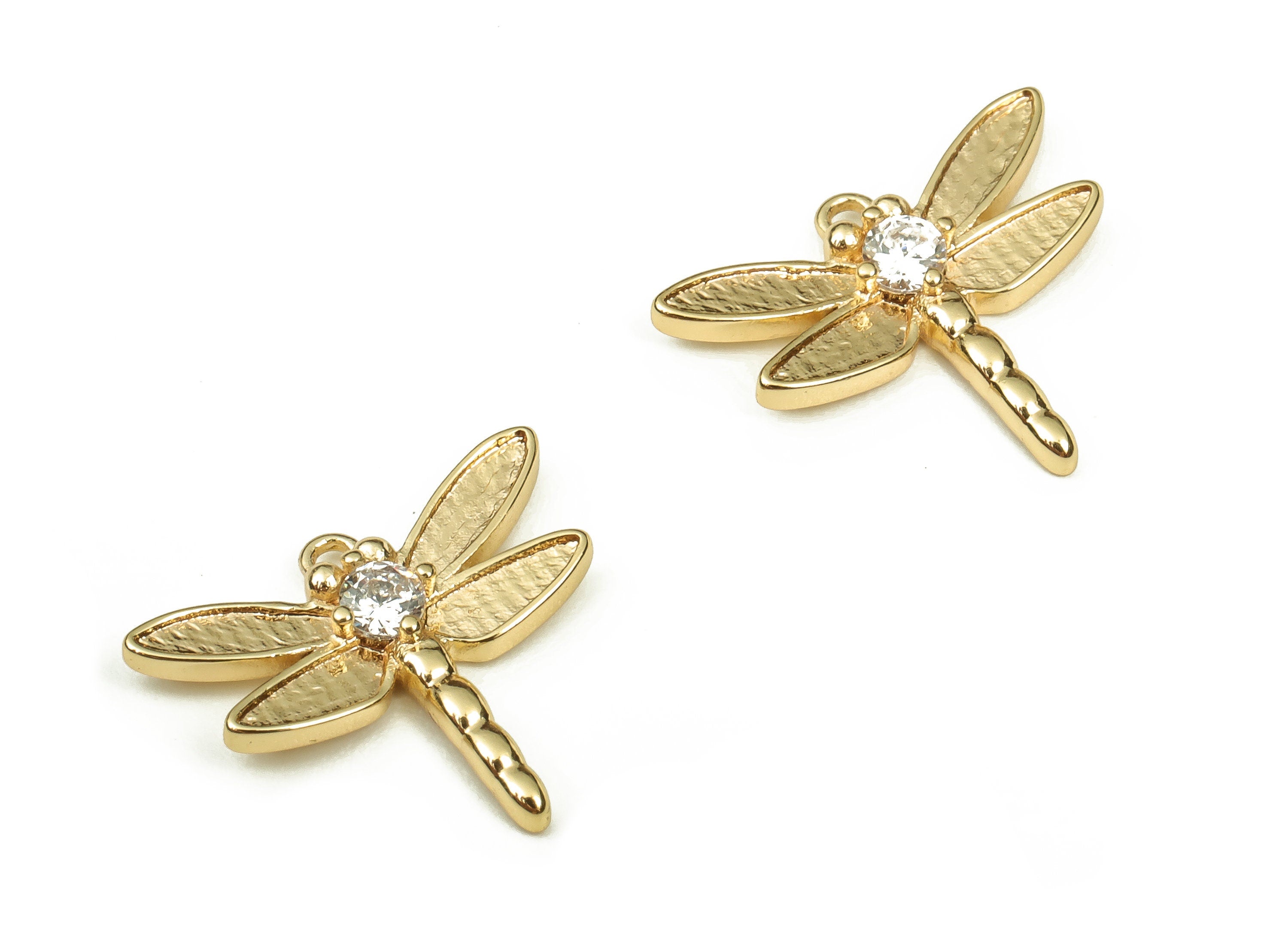 Brass Mini Dragonfly Charms - Tiny Zircon Dragonfly Charm - 18k Real Gold Plated Brass - Jewelry Making Supplies -14.97x12.62x2.23mm-RGP3342 - DOMEDBAZAAR