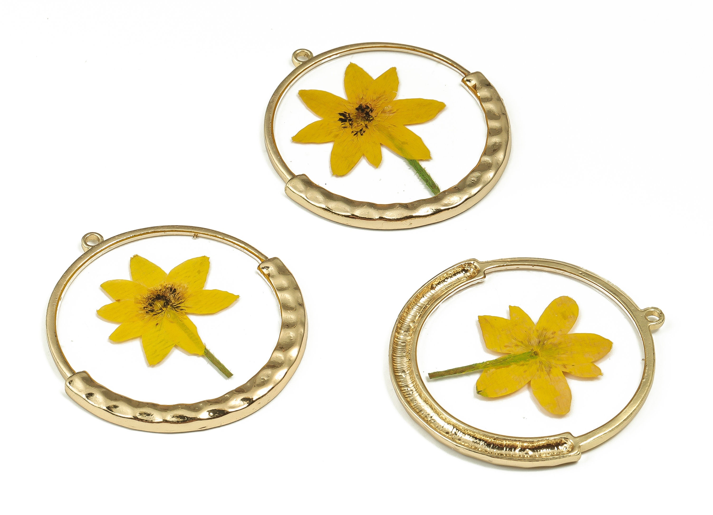 Epoxy Resin Round Real Flower Earring Charms - Epoxy Resin Chrysanthemum Pendant - Gold Tone Plated Alloy - 49.52x46.36x2.98mm - ZZ1894 - DOMEDBAZAAR