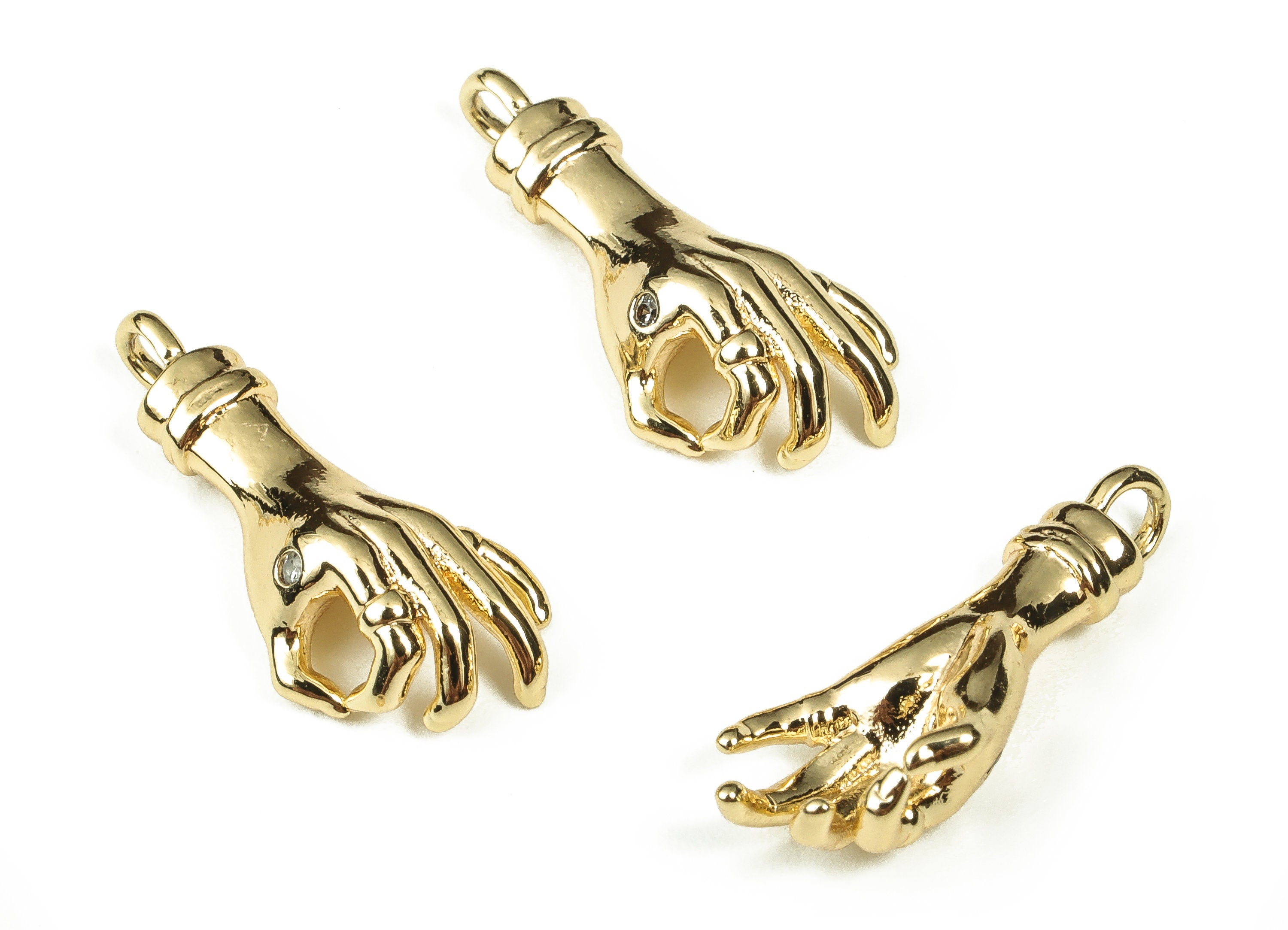 Gold OK Hand Charms - Brass Hand Earring Charms with Zircon - 18K Real Gold Plated Brass - Jewelry Making Supplies -20.2x9.75x2.41mm-RGP3355 - DOMEDBAZAAR
