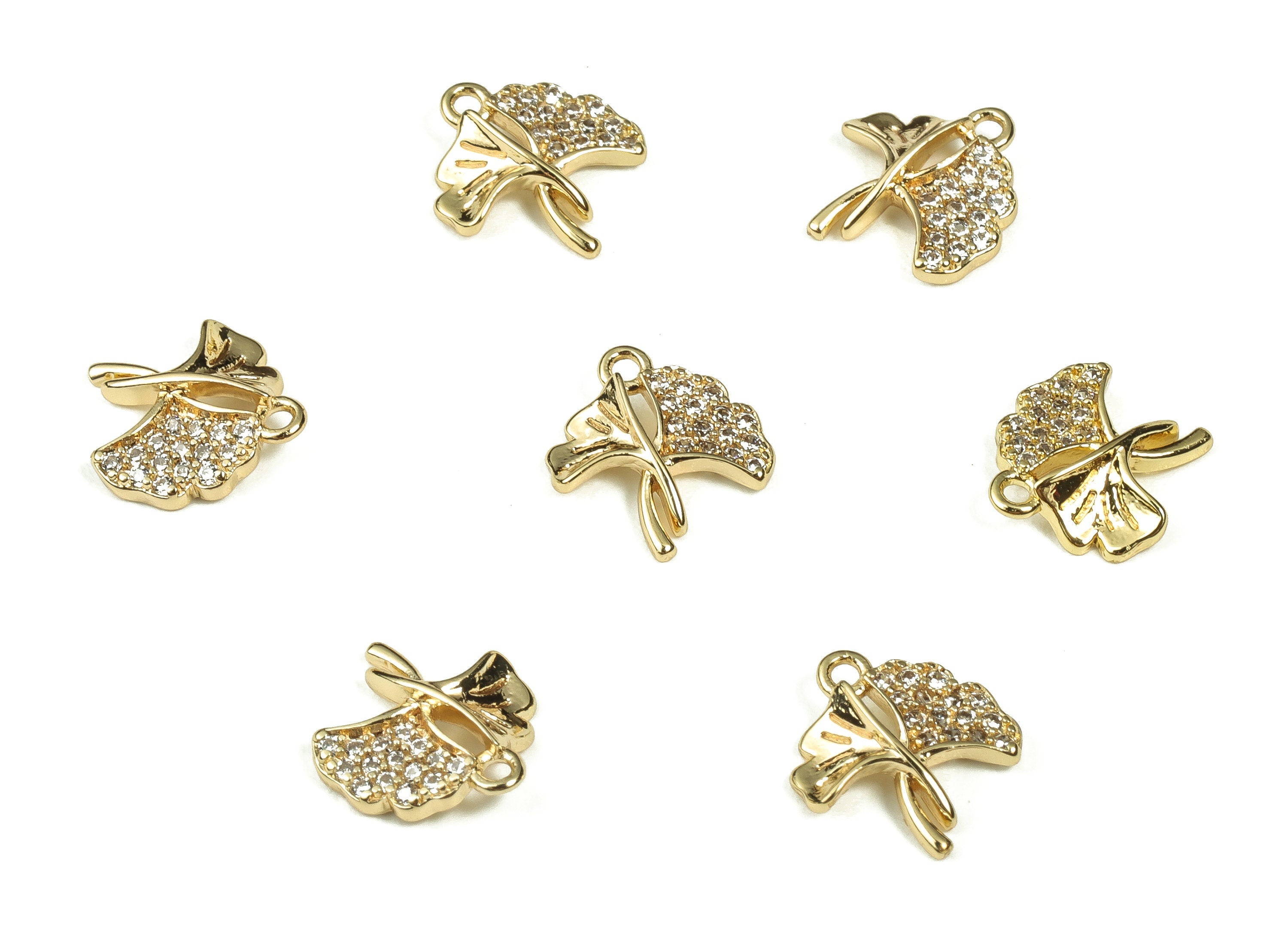 Brass Leaves Charms - Zircon Gold Leaves Pendants - Brass Ginkgo leaf - 18k Gold Plated Brass - Jewelry Supplies -9.56x8.86x1.48mm- RGP3357 - DOMEDBAZAAR