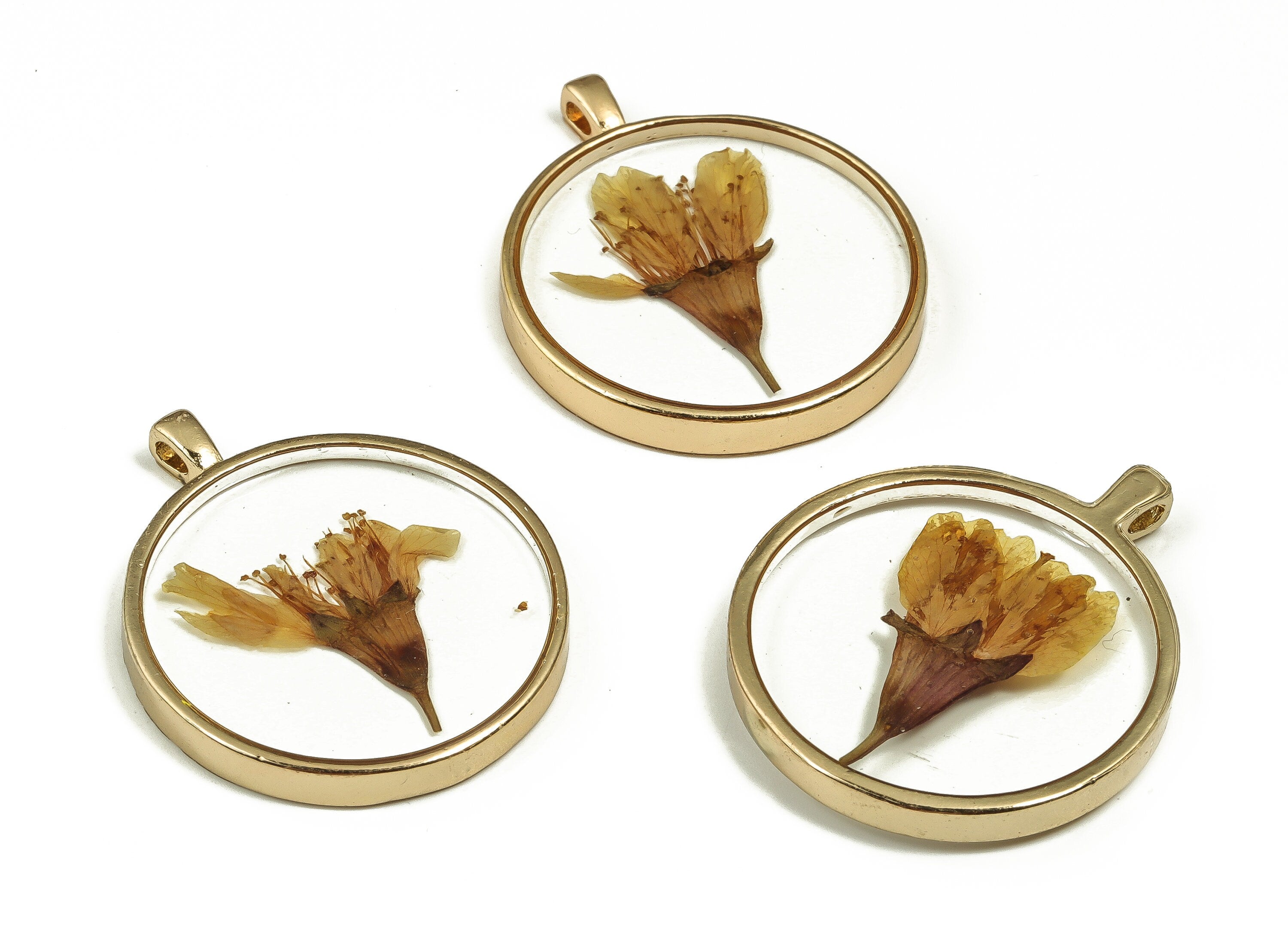 Epoxy Resin Round Real Flower Earring Charms - Epoxy Resin Malus Spectabilis Pendant - Gold Tone Plated Alloy - 34.57x29.05x4.79mm - ZZ1837 - DOMEDBAZAAR