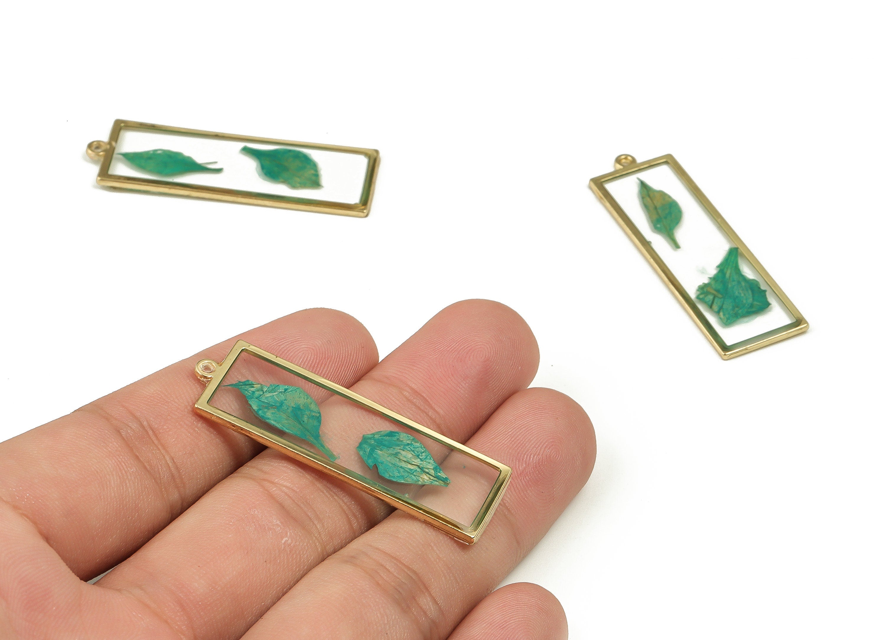 Epoxy Resin Rectangle Real Flower Earring Charms - Epoxy Resin Flat Head Seal Pendant - Gold Tone Plated Alloy - 44.92x14.72x1.57mm - ZZ1855 - DOMEDBAZAAR