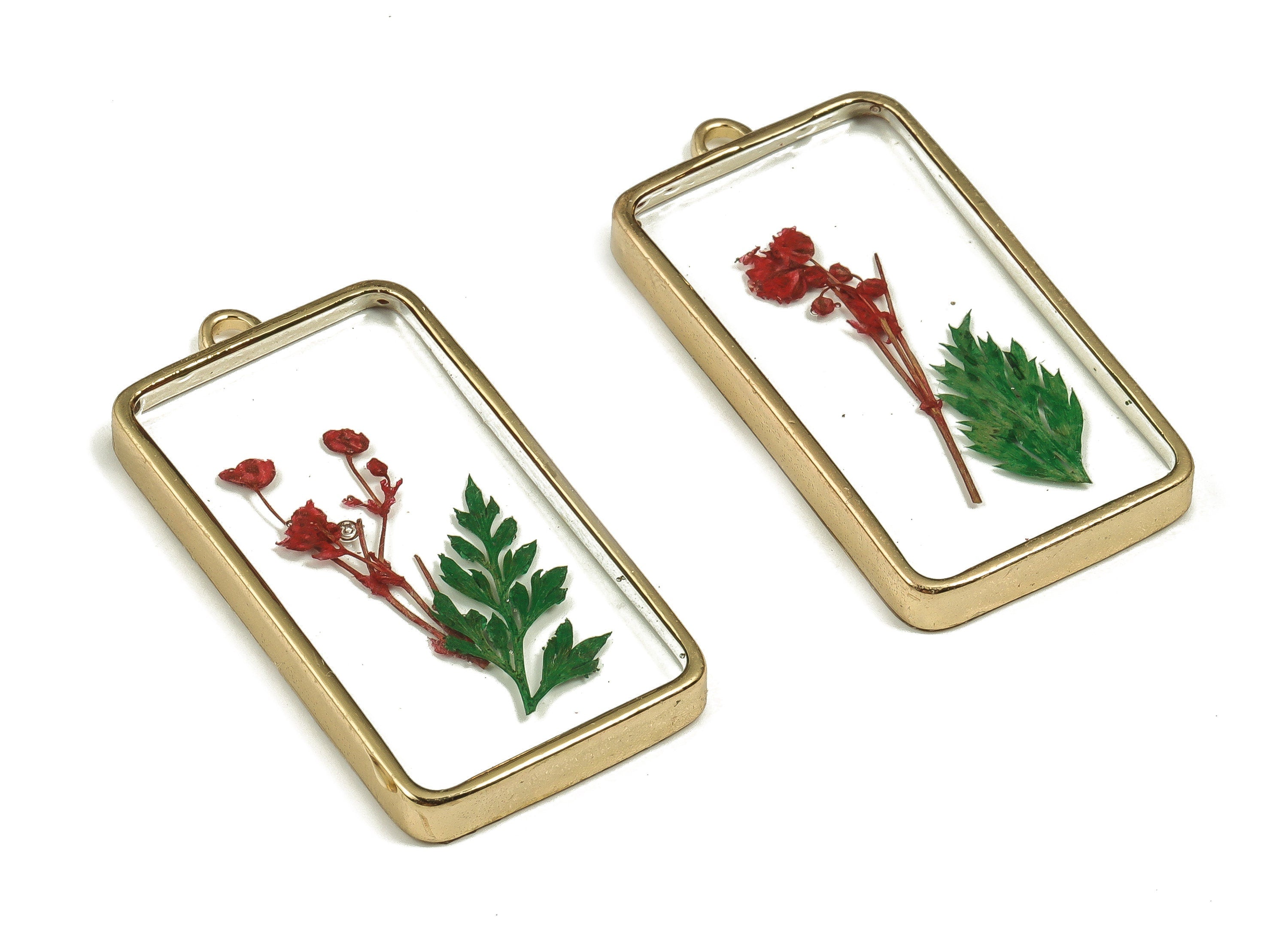 Epoxy Resin Rectangle Real Flower Earring Charms - Babysbreath&Lack Pout Leaf Pendant - Gold Tone Plated Alloy - 40.38x20.56x4.66mm - ZZ1877 - DOMEDBAZAAR