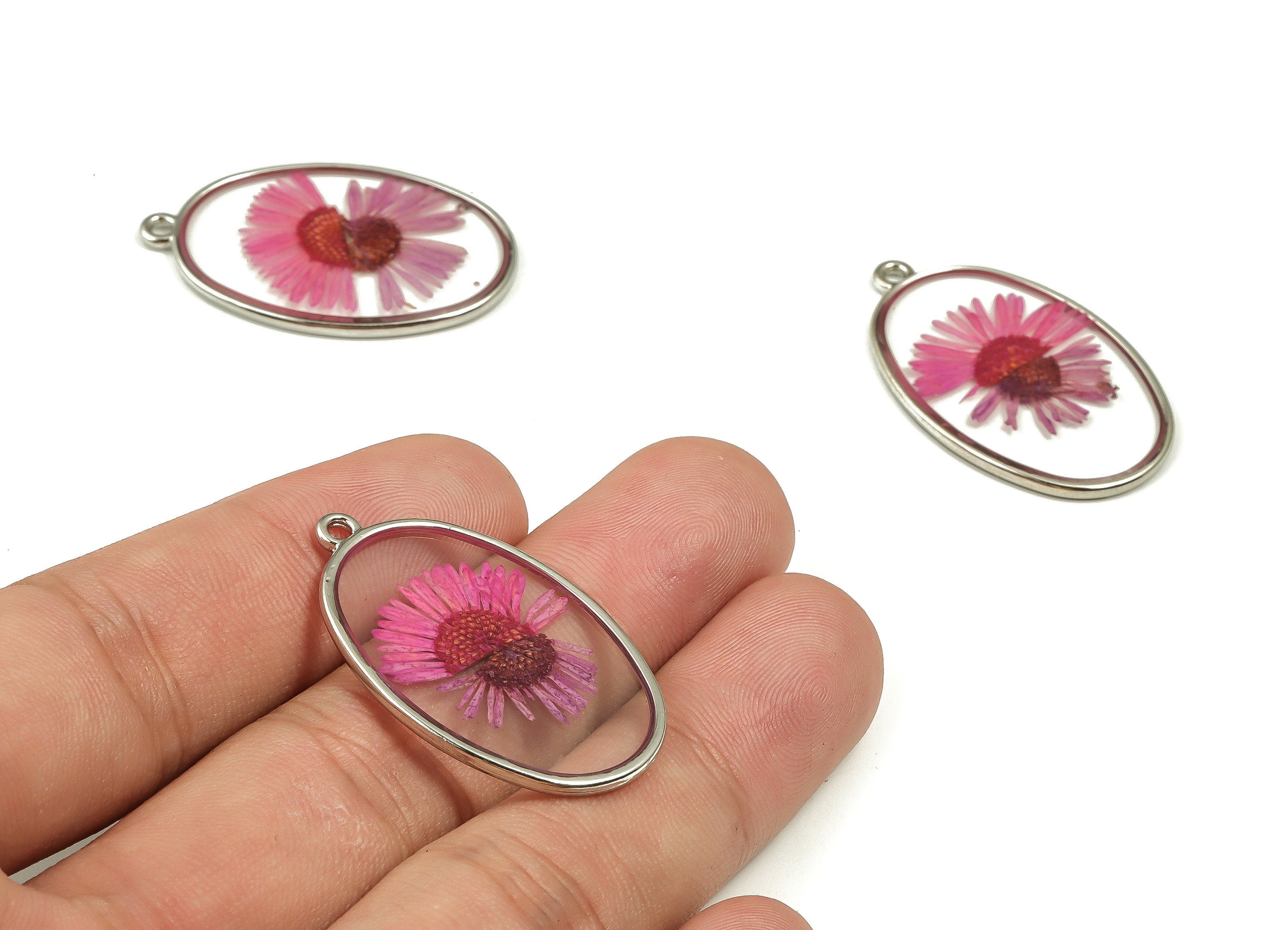 Epoxy Resin Oval Real Flower Charms - Epoxy Resin Needle Chrysanthemum Pendant - White Gold Tone Plated Alloy - 28.7x27.9x2.5mm - ZZ1841 - DOMEDBAZAAR