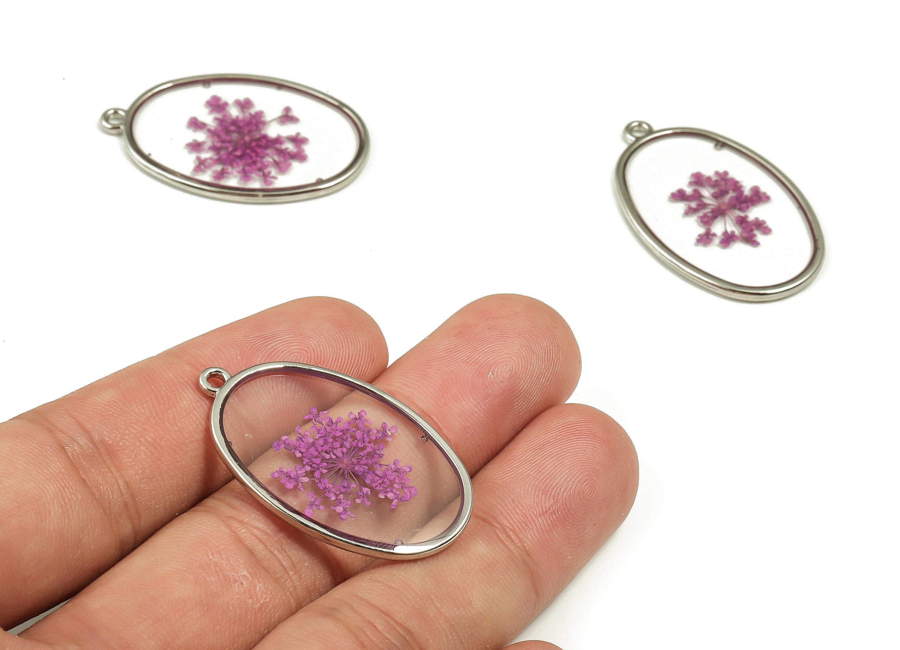 Epoxy Resin Oval Real Flower Earring Charms - Epoxy Resin Lace Flower Pendant - White Gold Tone Plated Alloy - 34.83x21.95x2.37mm - ZZ1843 - DOMEDBAZAAR