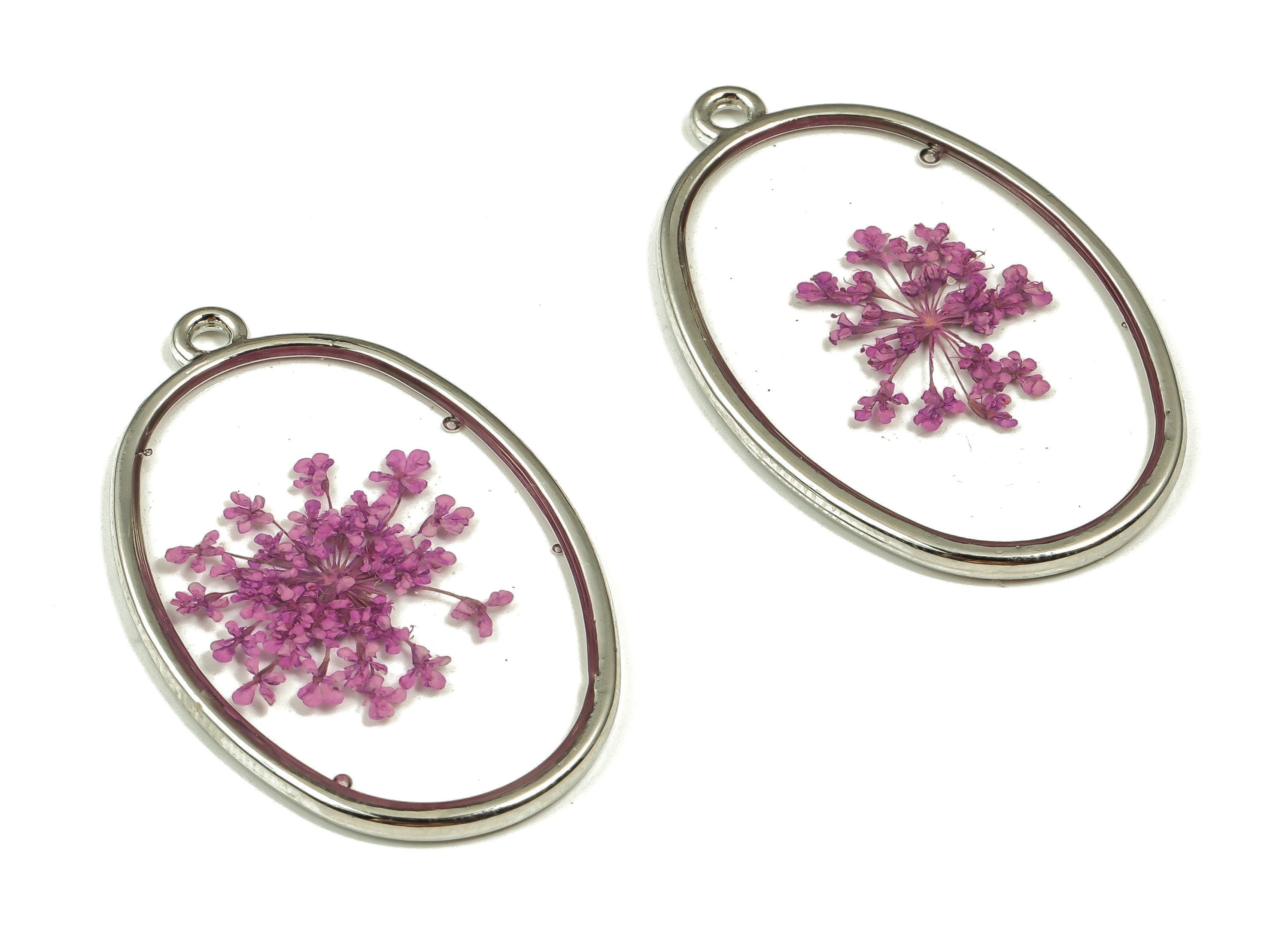 Epoxy Resin Oval Real Flower Earring Charms - Epoxy Resin Lace Flower Pendant - White Gold Tone Plated Alloy - 34.83x21.95x2.37mm - ZZ1843 - DOMEDBAZAAR