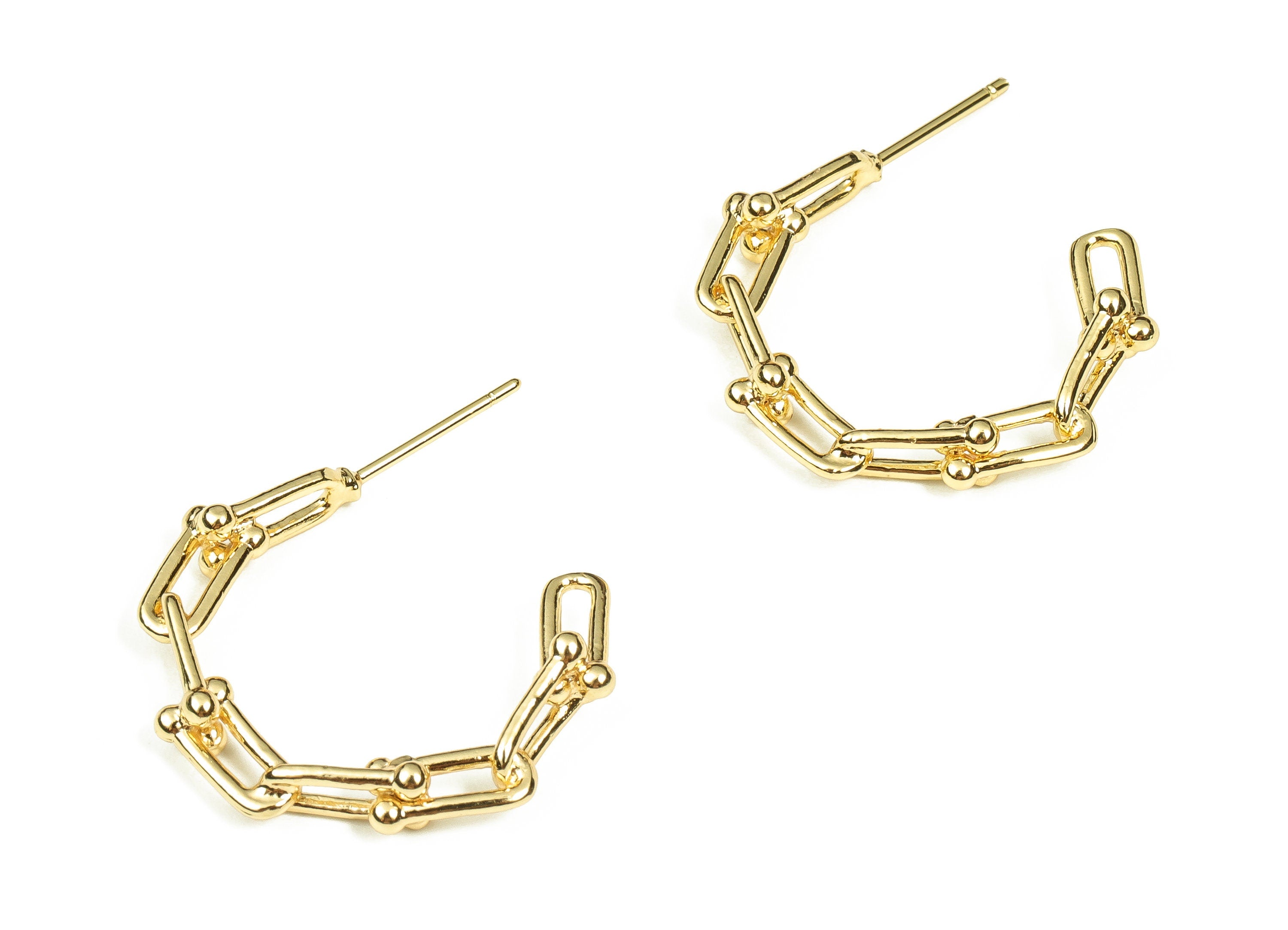Brass C Earring Post – Chain Hoop Earring Stud - 18K Real Gold Plated Brass - 316 Surgical Stainless Steel - 30.86x25.06x1.09mm - RGP3336 - DOMEDBAZAAR