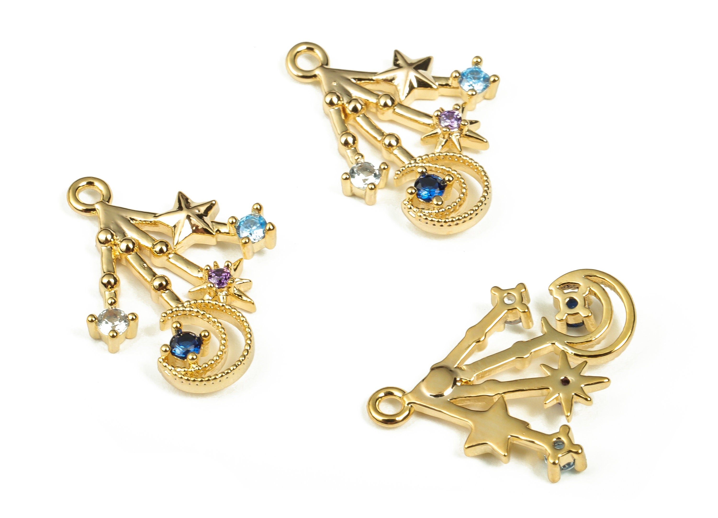 Brass Crescent Moon and Stars Earring Charm Pendants - Zircon DropDangle Charm - 18k Real Gold Plated Brass -18.98x13.63x2.36mm- RGP3341 - DOMEDBAZAAR