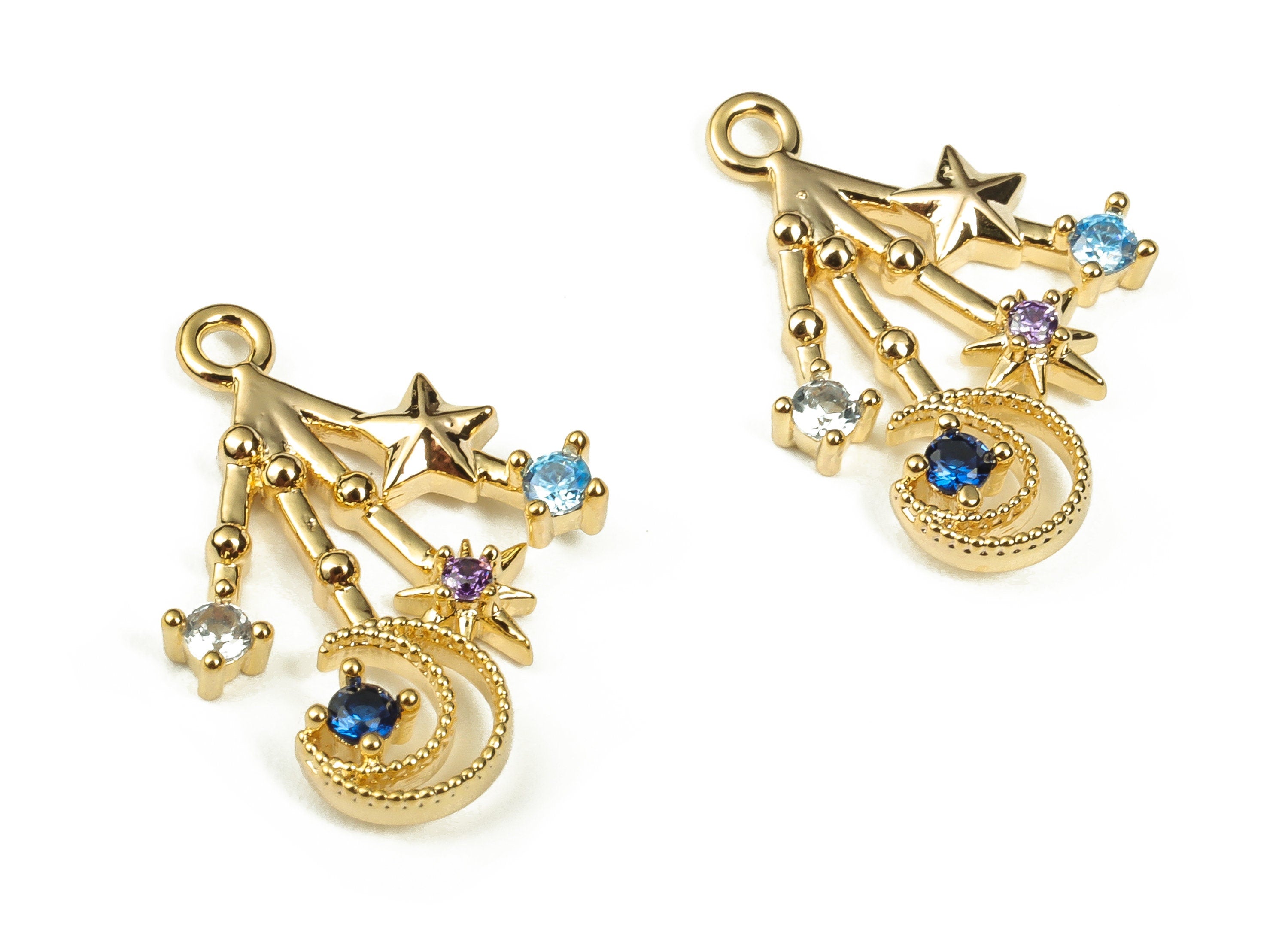 Brass Crescent Moon and Stars Earring Charm Pendants - Zircon DropDangle Charm - 18k Real Gold Plated Brass -18.98x13.63x2.36mm- RGP3341 - DOMEDBAZAAR