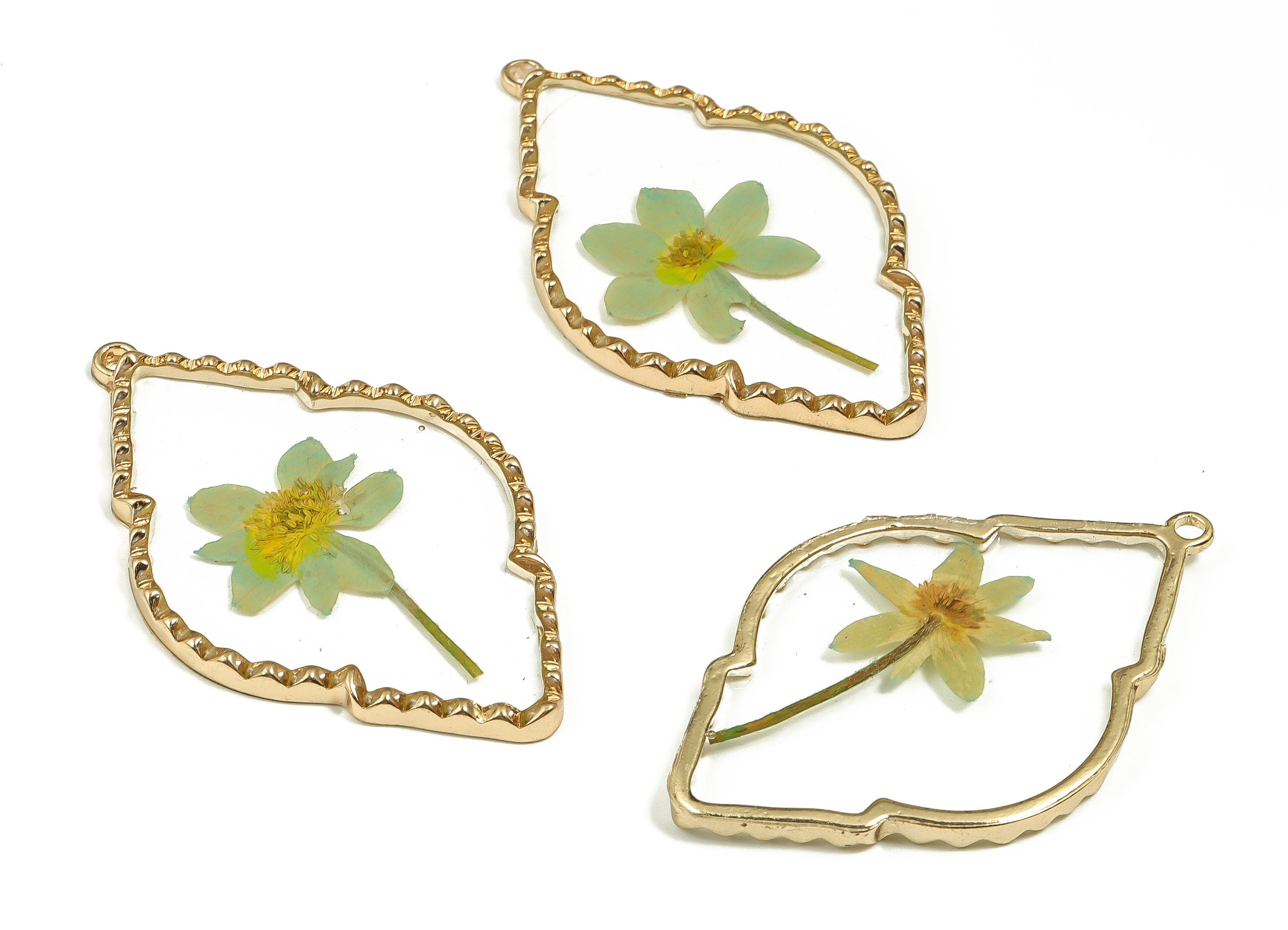 Epoxy Resin Diamond Real Flower Earring Charms - Epoxy Resin Annunciator Pendant - Gold Tone Plated Alloy - 53.94x33.83x2.91mm - ZZ1890 - DOMEDBAZAAR
