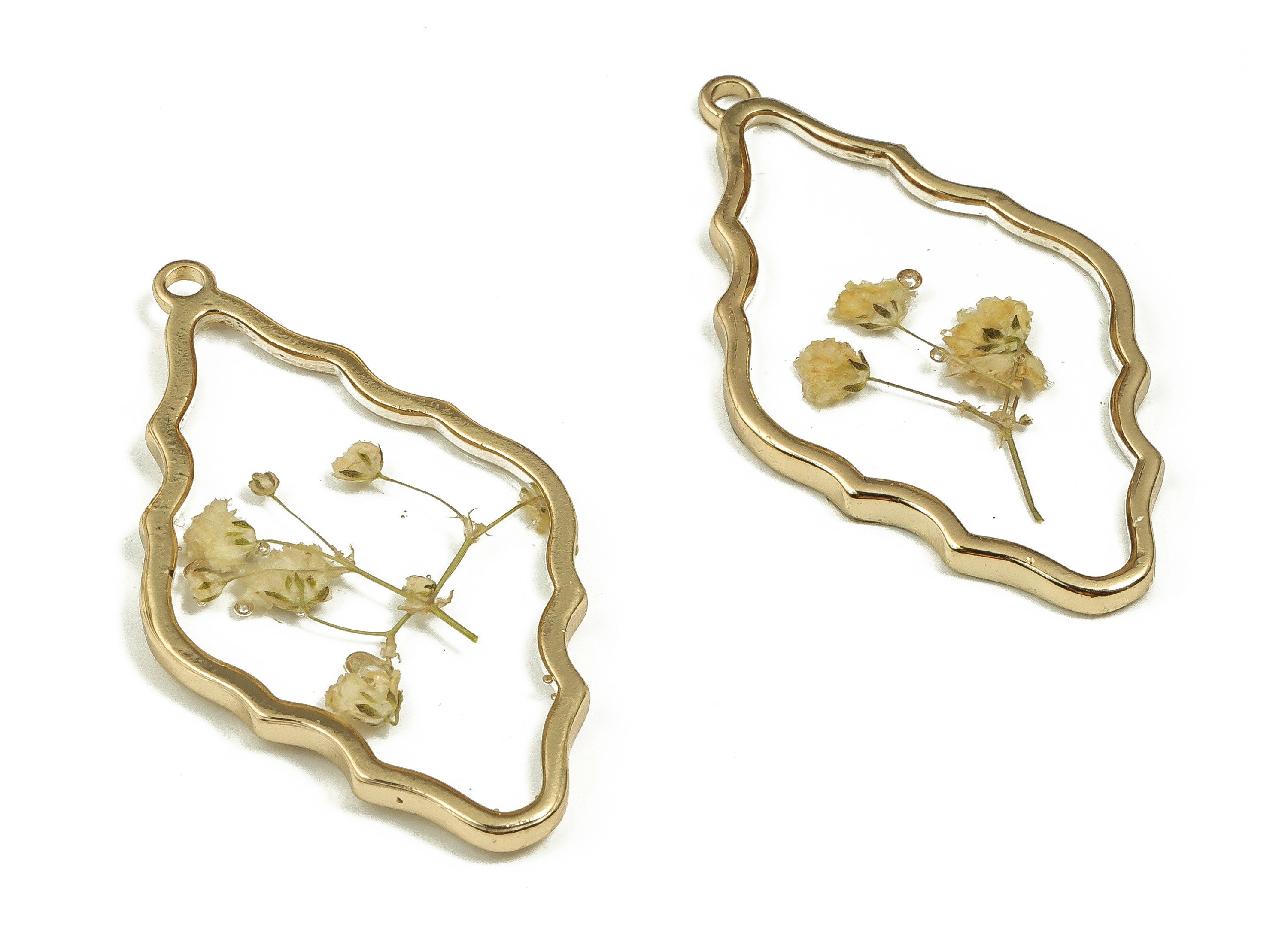 Epoxy Resin Diamond Real Flower Earring Charms - Epoxy Resin Babysbreath Pendant - Gold Tone Plated Alloy - 51.18x28.49x2.84mm - ZZ1893 - DOMEDBAZAAR