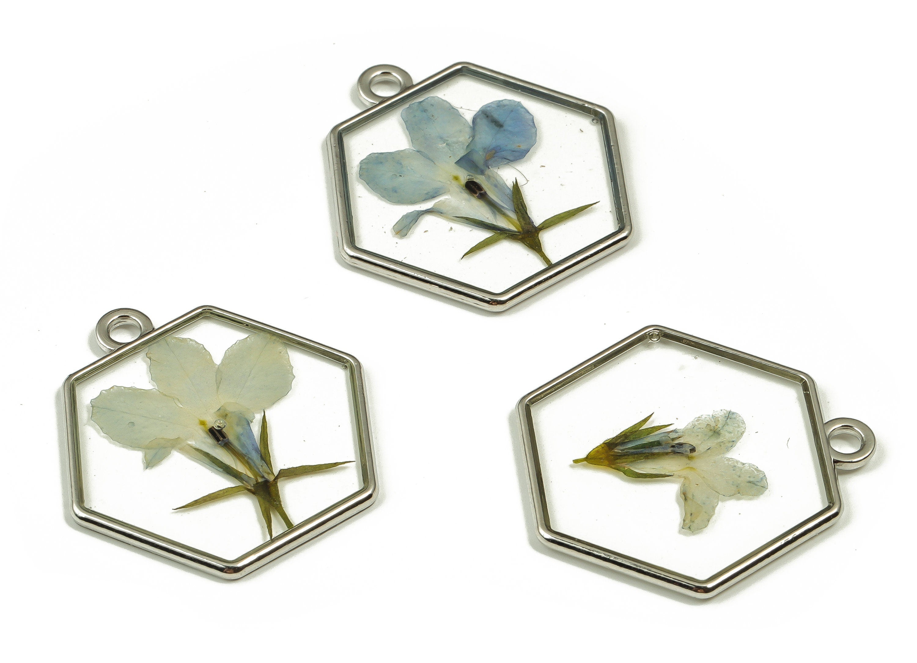 Epoxy Resin Hexagon Real Flower Earring Charms - Epoxy Resin Garden Lobelia Pendant - White Gold Tone Plated Alloy - 28.6x8x2.3mm - ZZ1828 - DOMEDBAZAAR