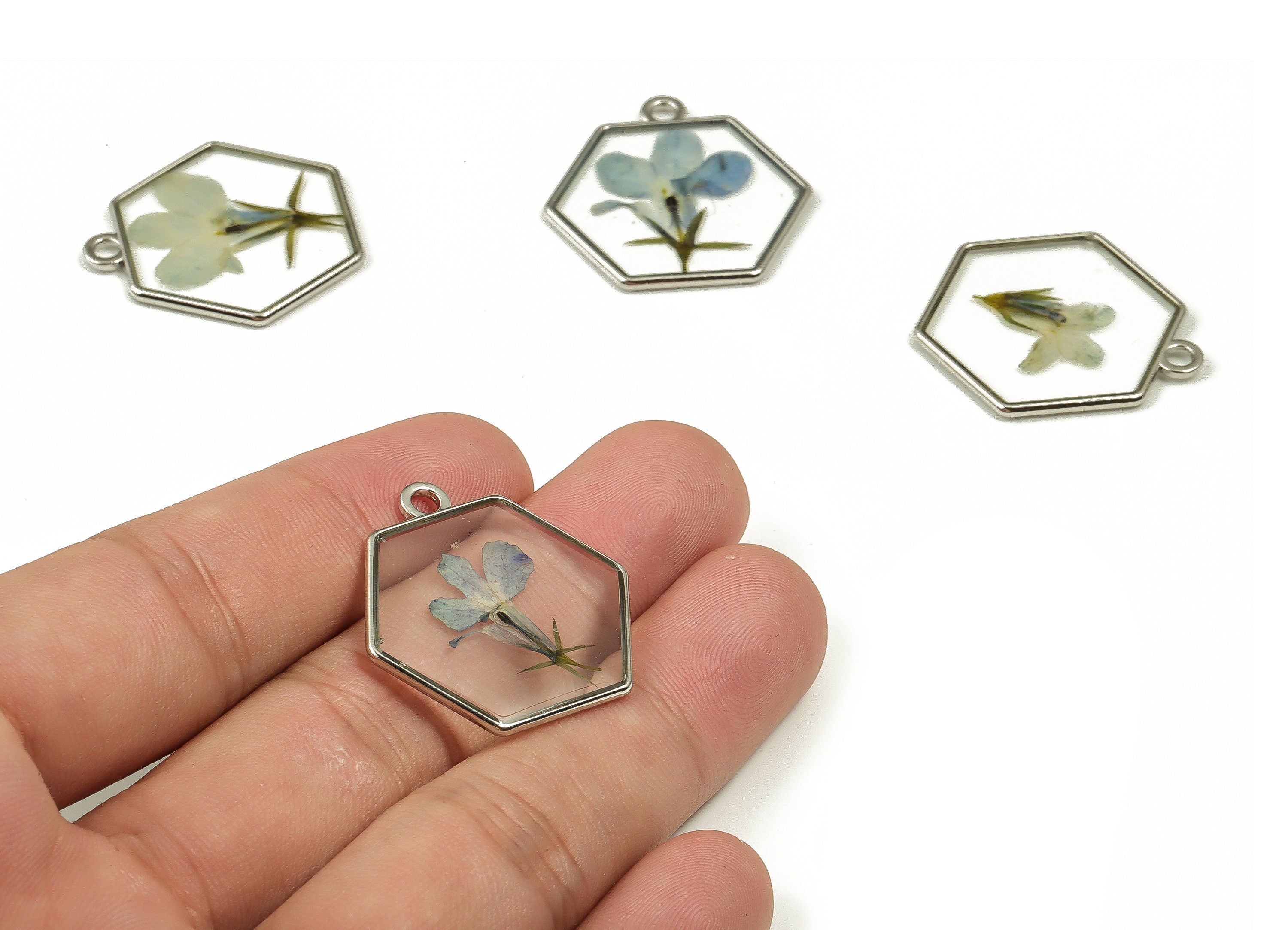 Epoxy Resin Hexagon Real Flower Earring Charms - Epoxy Resin Garden Lobelia Pendant - White Gold Tone Plated Alloy - 28.6x8x2.3mm - ZZ1828 - DOMEDBAZAAR