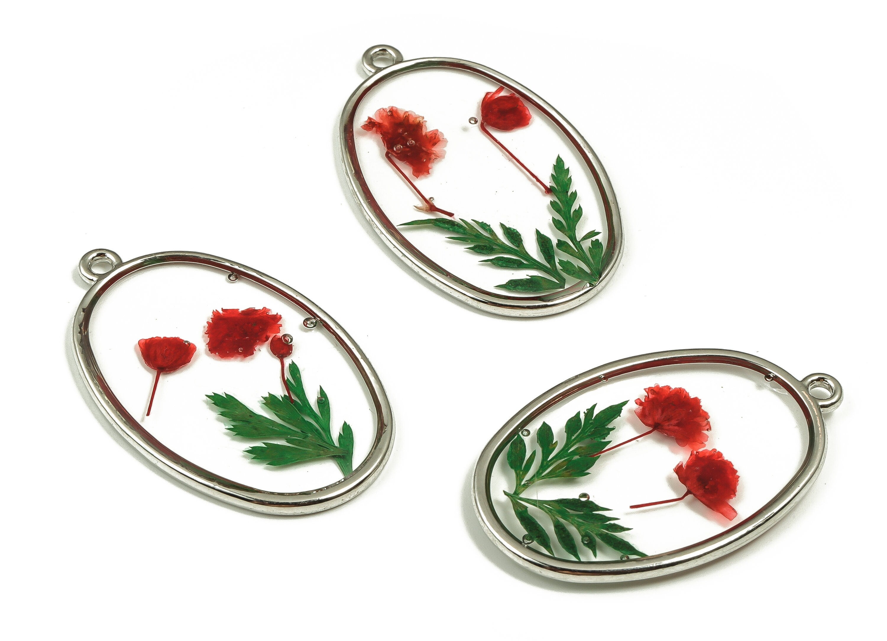 Epoxy Resin Oval Real Flower Earring Charms - Black Pout Leaf&Babysbreath Pendant - White Gold Tone Plated Alloy - 34.85x22.1x2.7mm - ZZ1839 - DOMEDBAZAAR