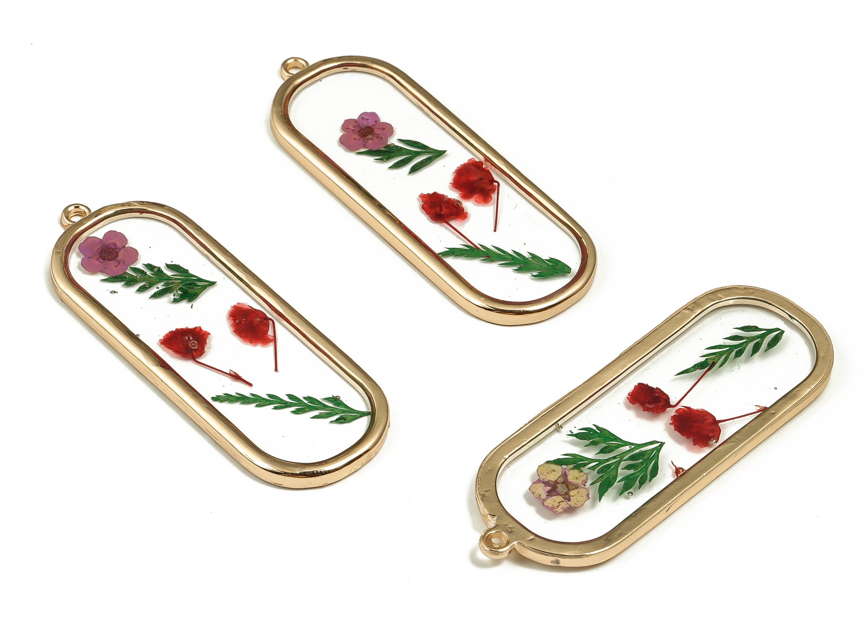 Epoxy Resin Oval Real Flower Charms - Narcissu&Babysbreath - Back Pout Leaf Pendant - Gold Tone Plated Alloy - 59.42x21.64x2.97mm - ZZ1849 - DOMEDBAZAAR