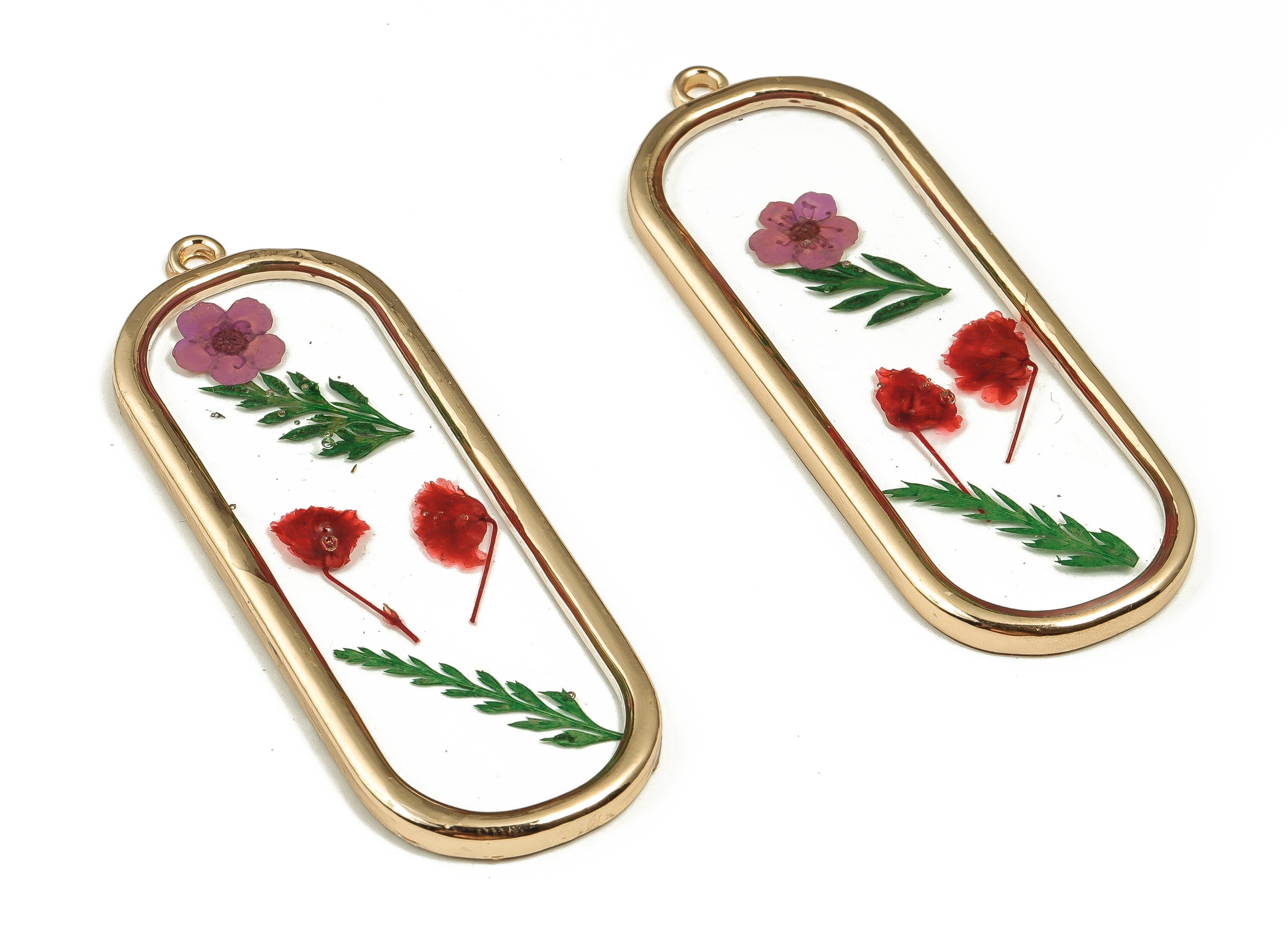 Epoxy Resin Oval Real Flower Charms - Narcissu&Babysbreath - Back Pout Leaf Pendant - Gold Tone Plated Alloy - 59.42x21.64x2.97mm - ZZ1849 - DOMEDBAZAAR