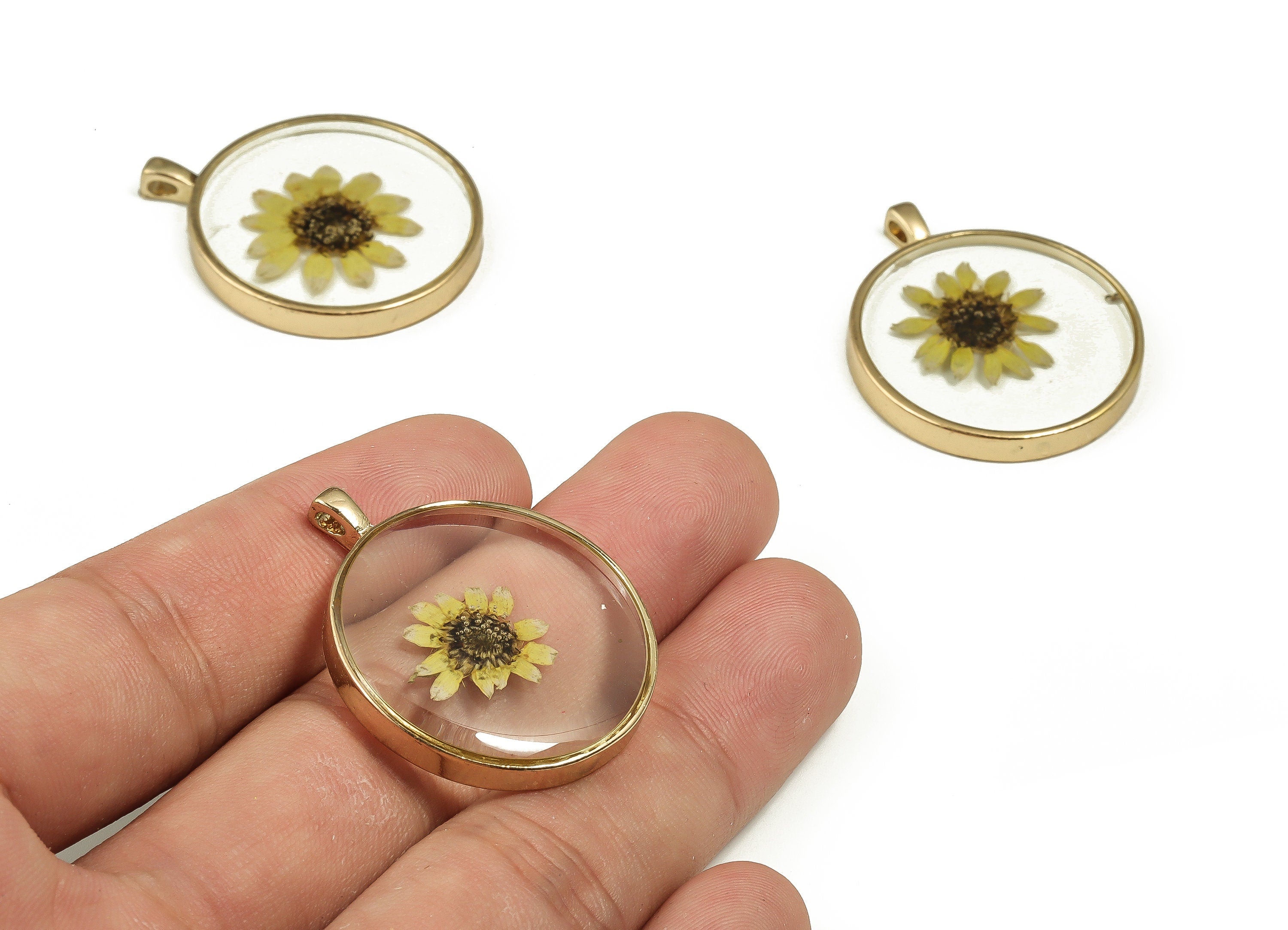Epoxy Resin Round Real Flower Earring Charms - Epoxy Resin Sunflower Pendant - Gold Tone Plated Alloy - 35.65x29.72x3.8mm - ZZ1834 - DOMEDBAZAAR