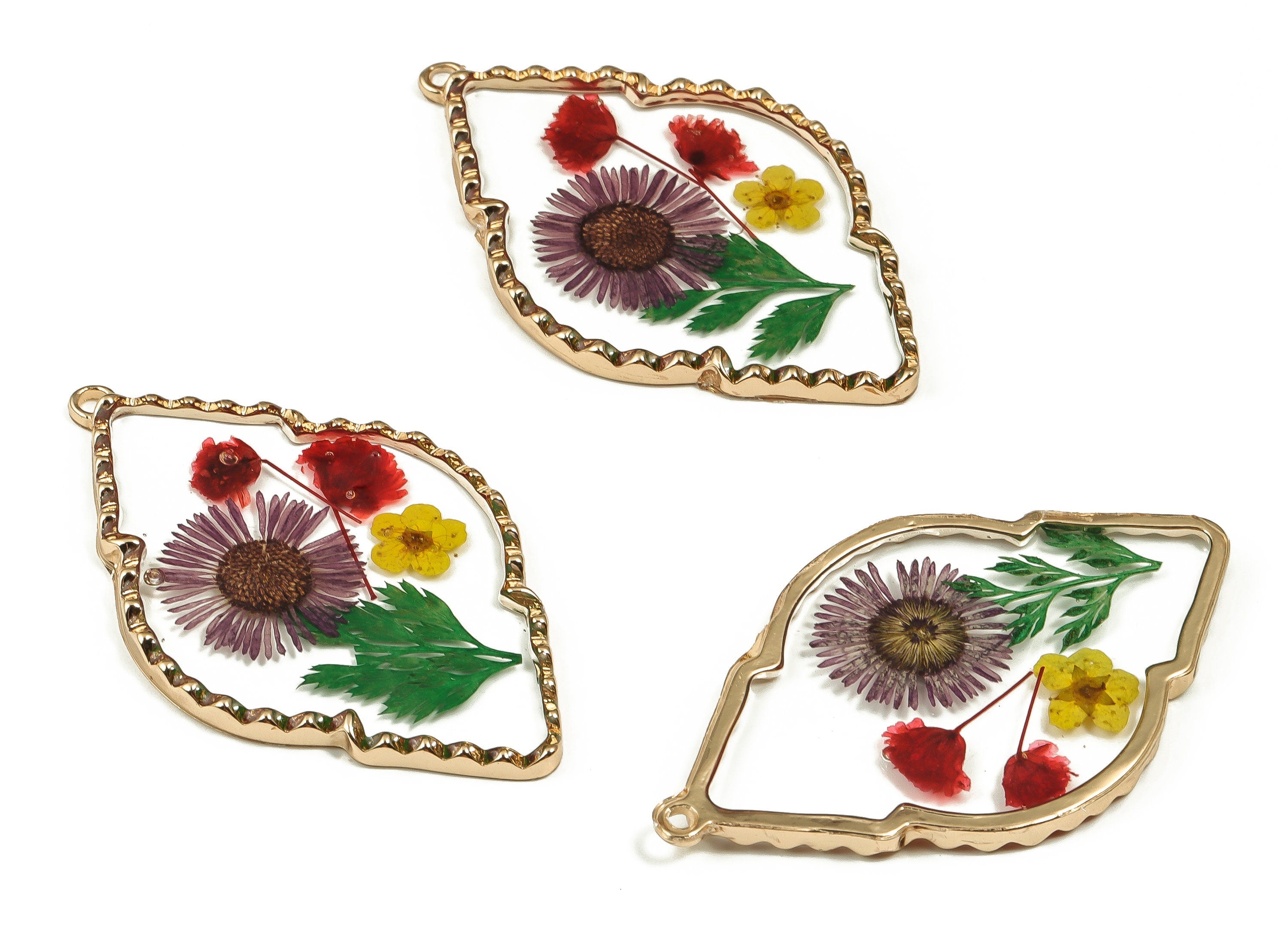 Epoxy Resin Diamond Real Flower Earring Charms - Needle Chrysanthemum&Narcissus Pendant - Gold Tone Plated Alloy - 54.46x33.3x3.3mm - ZZ1892 - DOMEDBAZAAR