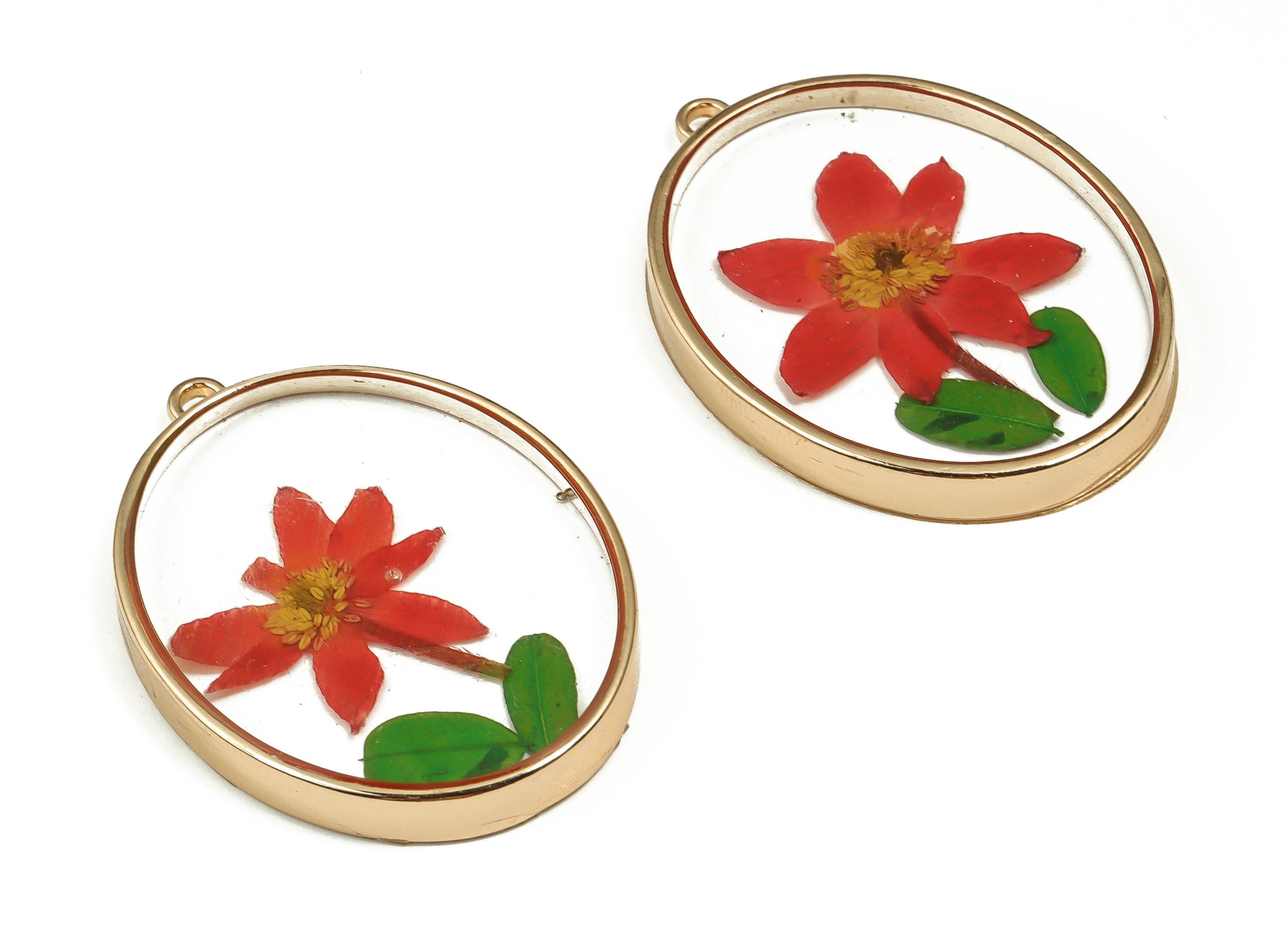 Epoxy Resin Oval Real Flower Earring Charms - Epoxy Resin Annunciator Pendant - Gold Tone Plated Alloy - 41.32x30.08x5.07mm - ZZ1882 - DOMEDBAZAAR